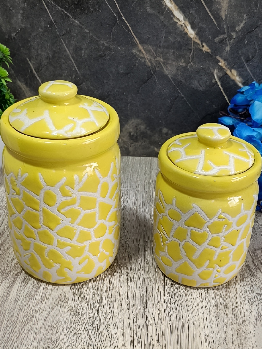 

INDIA MEETS INDIA Yellow & White 2 Pieces Abstract Printed Ceramic Canisters