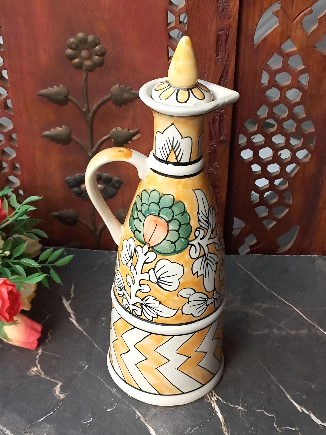 

INDIA MEETS INDIA Orange & White Floral Printed Ceramic Oil Dispenser 750 ml