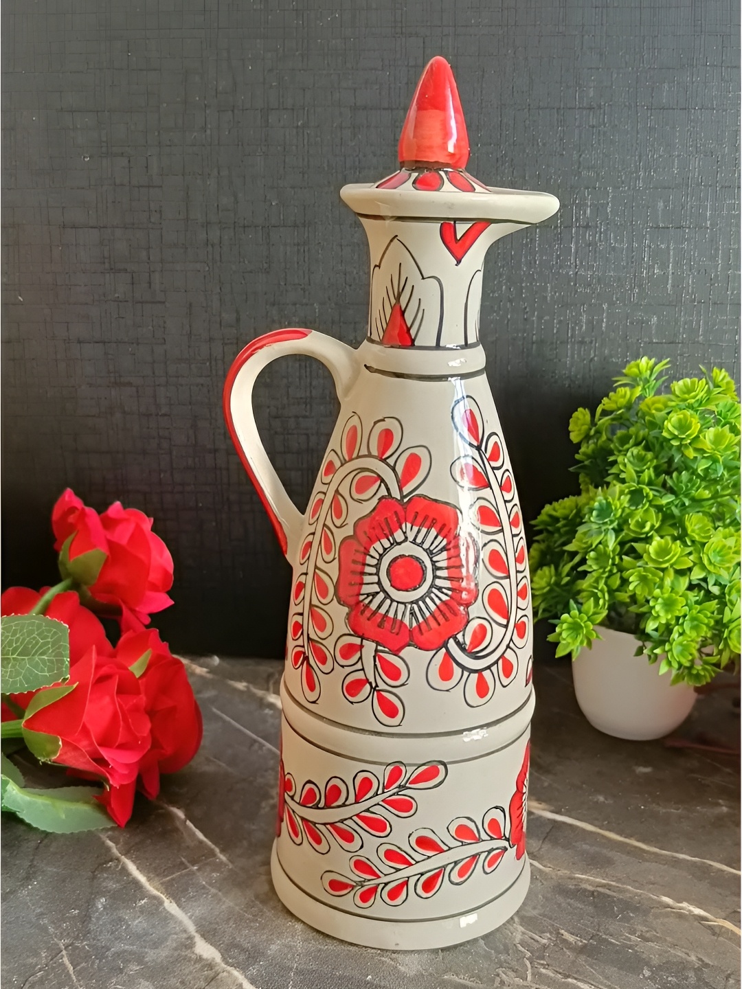 

INDIA MEETS INDIA Orange & White Floral Printed Ceramic Oil Dispenser 750 ml
