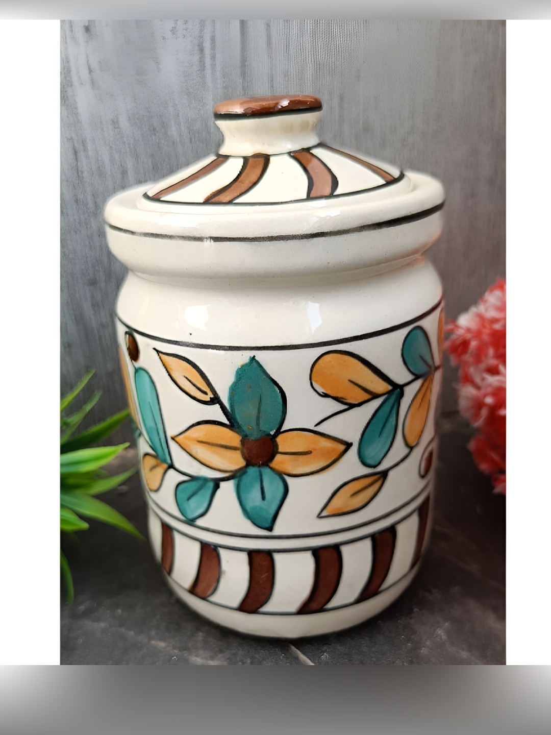 

INDIA MEETS INDIA Brown & White Floral Printed Ceramic Canister 500 ml