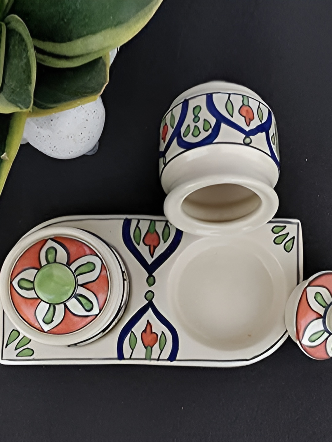 

INDIA MEETS INDIA White & Blue 3 Pieces Floral Printed Ceramic Pickle Jar Set