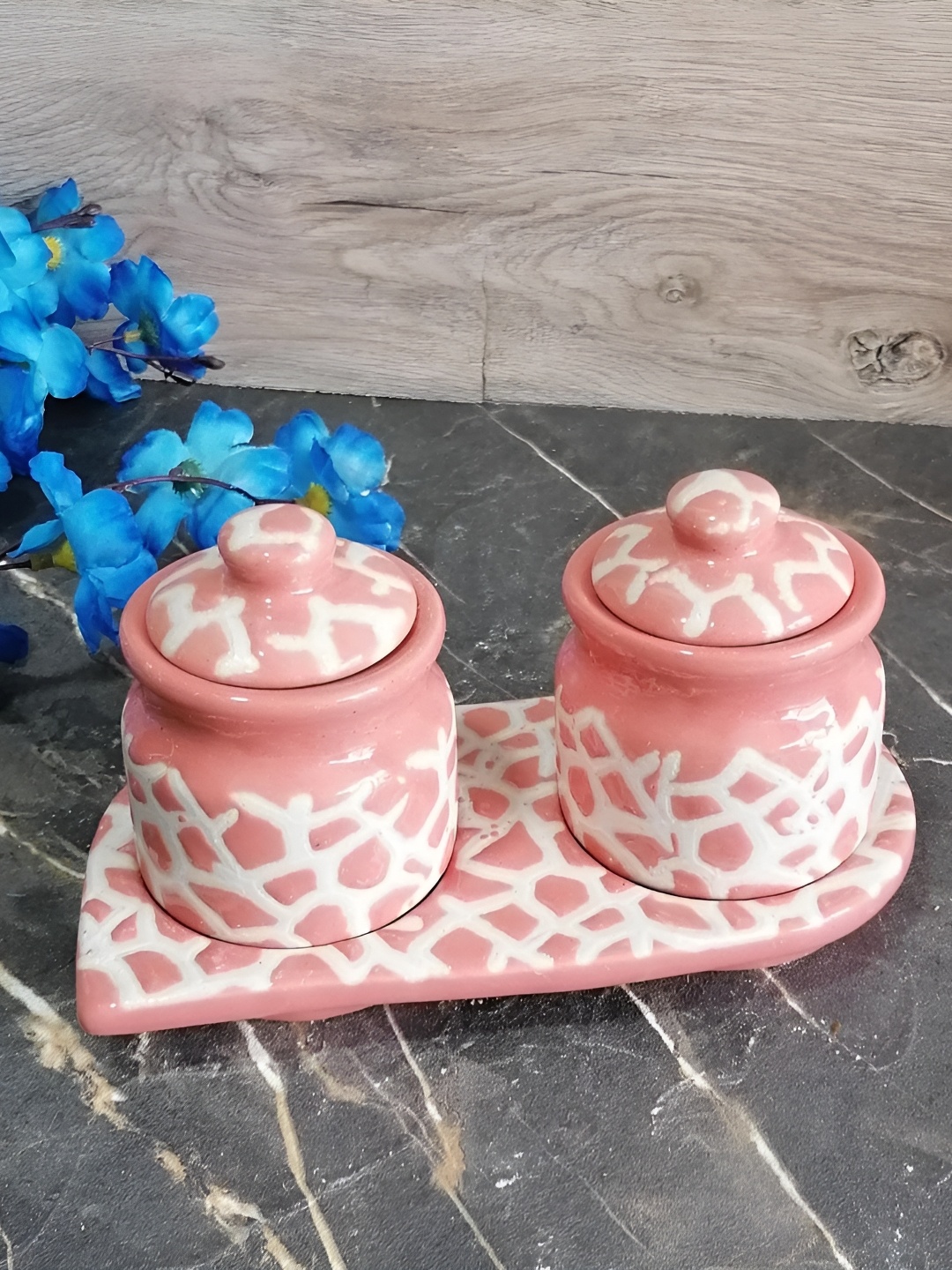

INDIA MEETS INDIA Pink & White 3 Pieces Abstract Printed Ceramic Pickle Jar Set