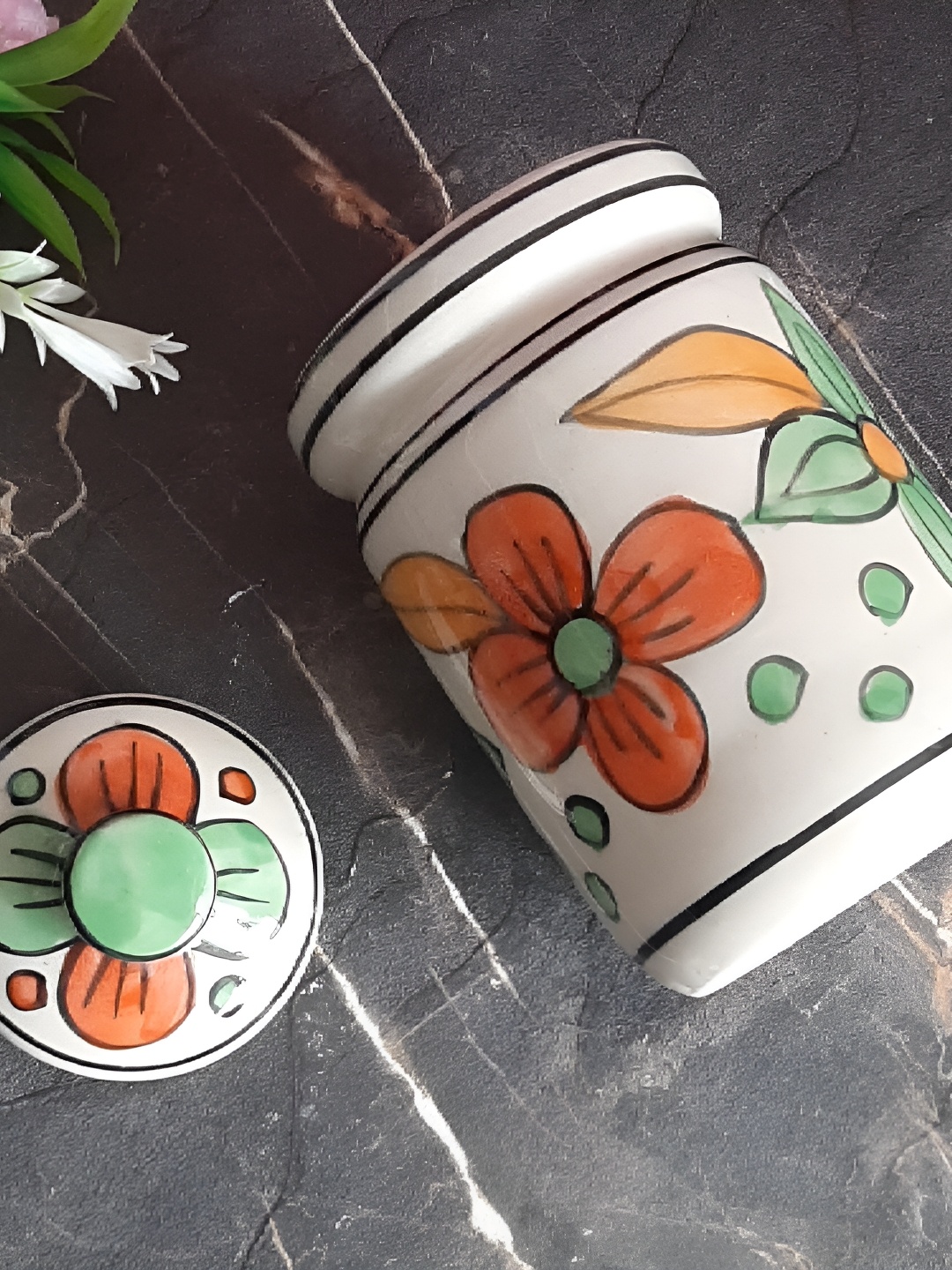 

INDIA MEETS INDIA White & Orange Floral Printed Ceramic Canister 500 ml