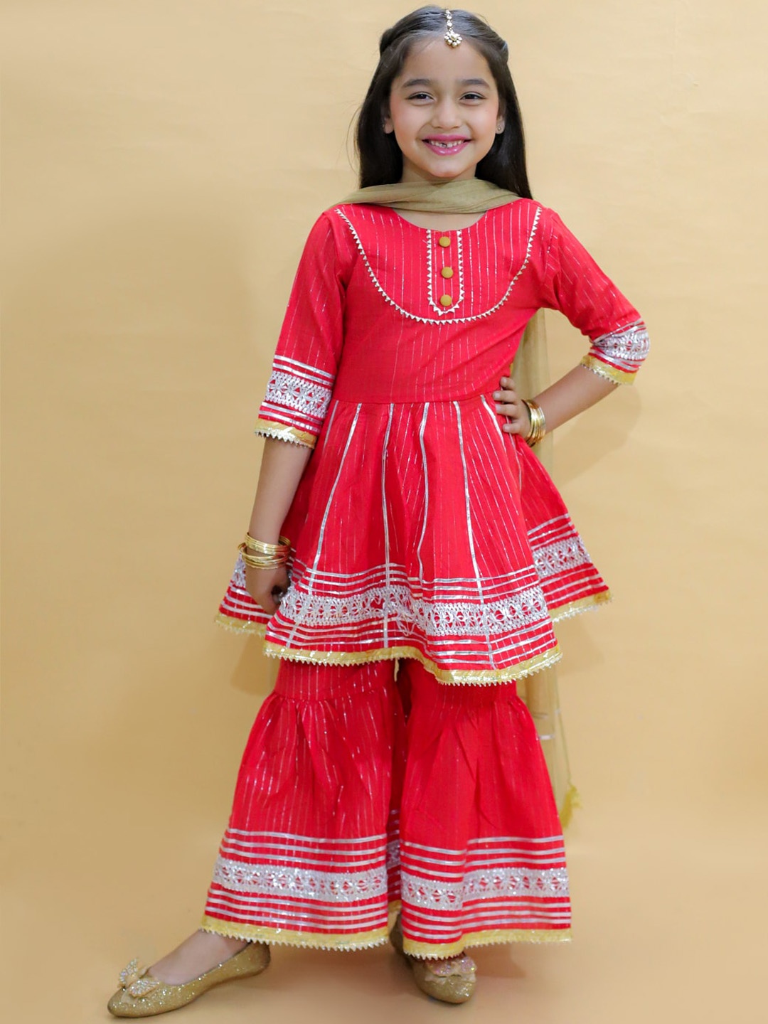 

BAESD Girls Striped Gotta Patti Pure Cotton Anarkali Kurti with Sharara & Dupatta, Red