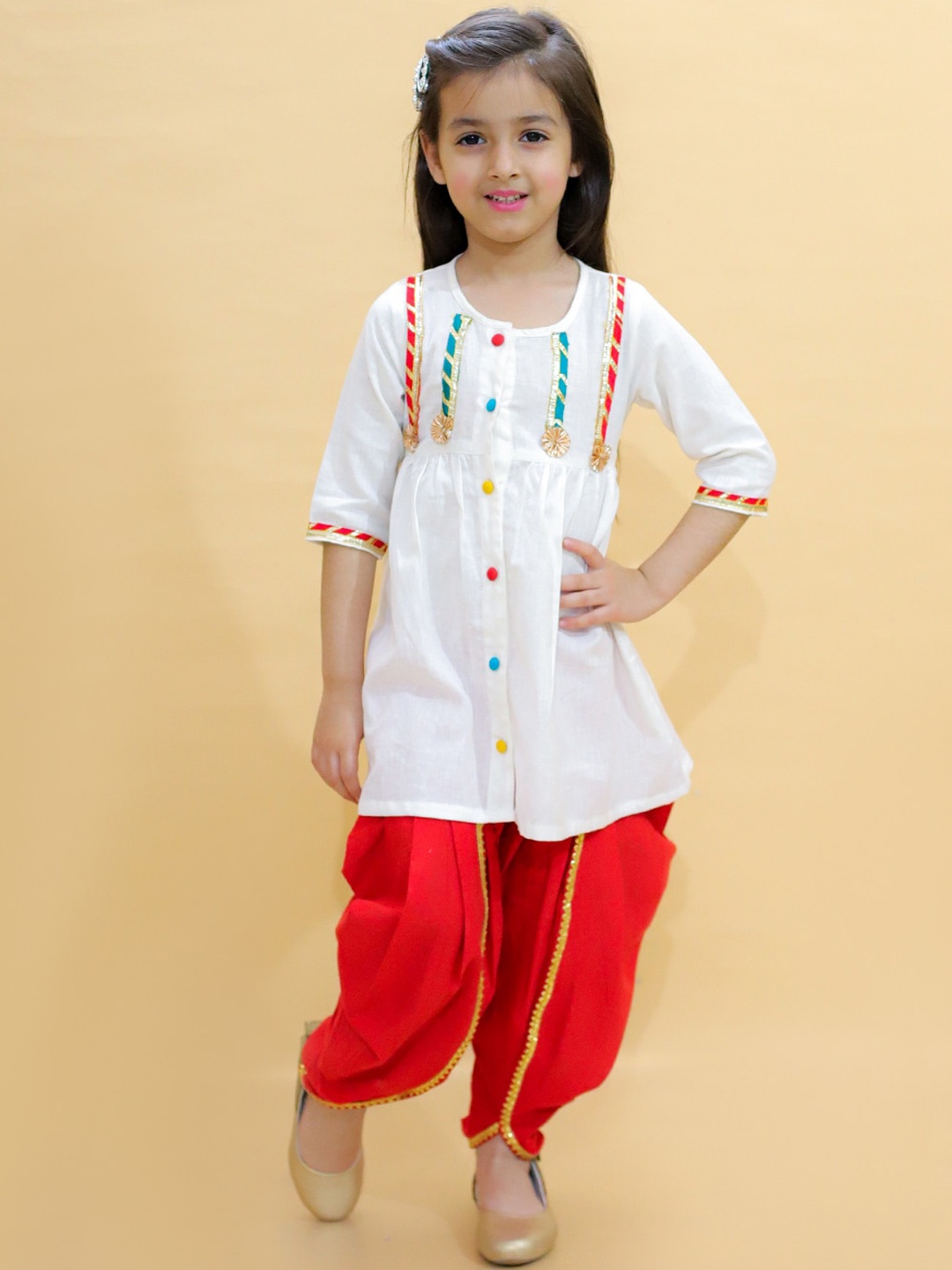 

BAESD Girls Gotta Patti Pure Cotton A-Line Kurti with Dhoti Pants, White