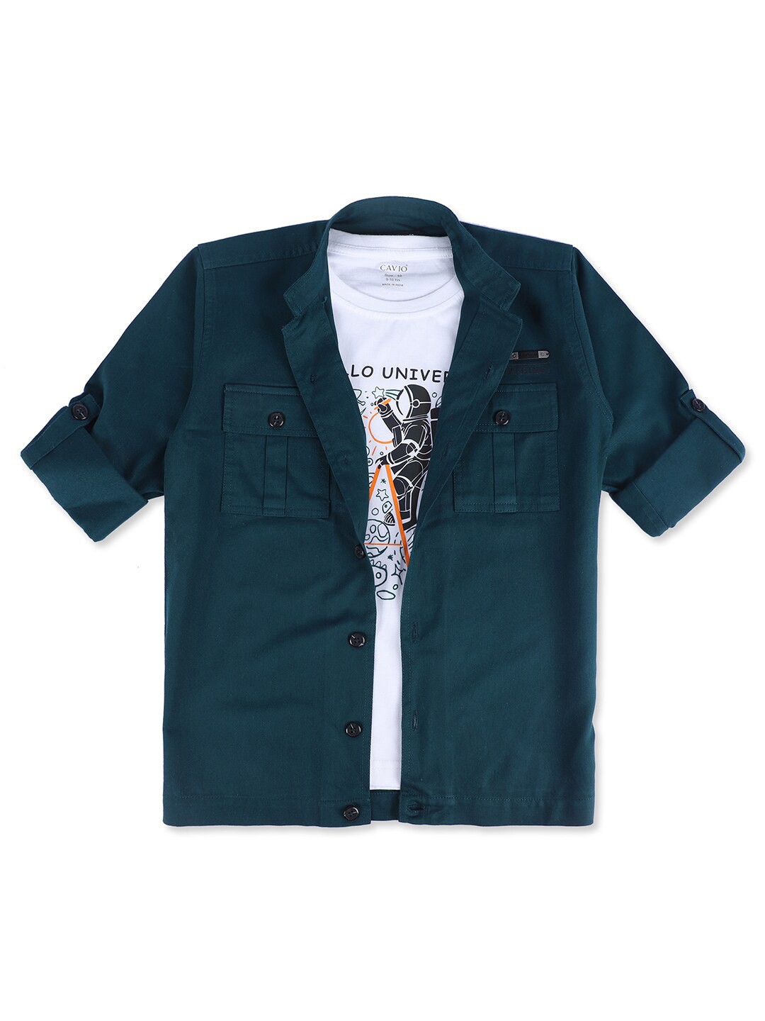 

CAVIO Boys Standard Opaque Casual Shirt With T-shirt, Green