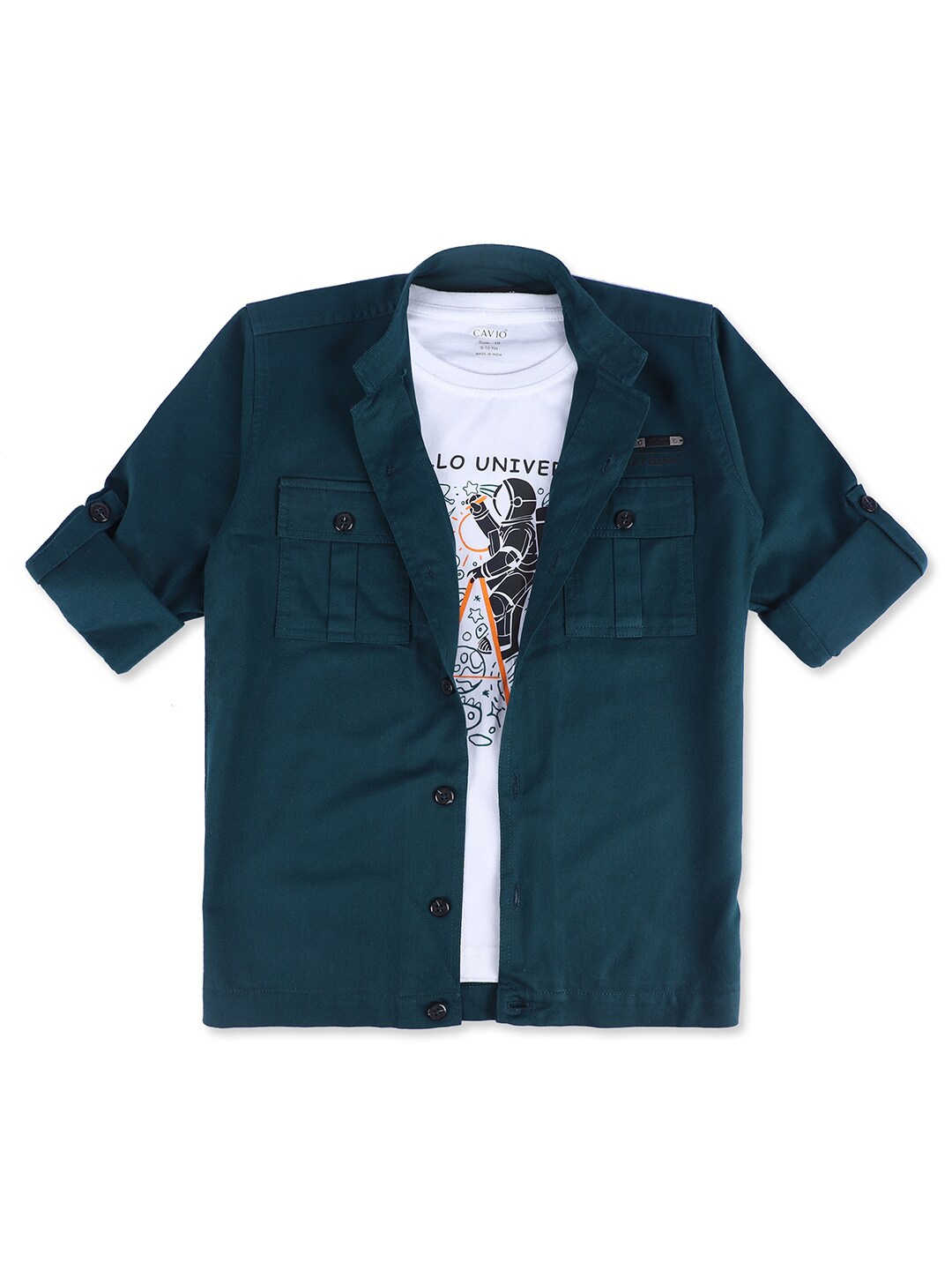 

CAVIO Boys Standard Full Sleeve Cotton Shirt With T-shirt, Green