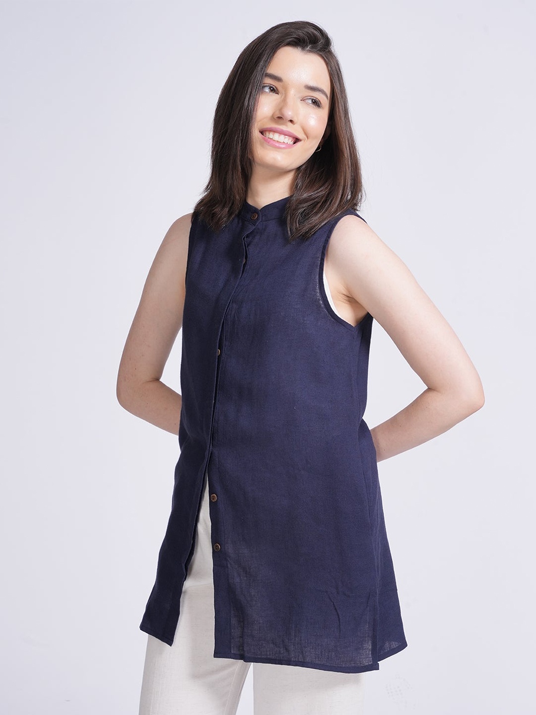 

Saltpetre Mandarin Collar Sleeveless Linen Tunic, Navy blue