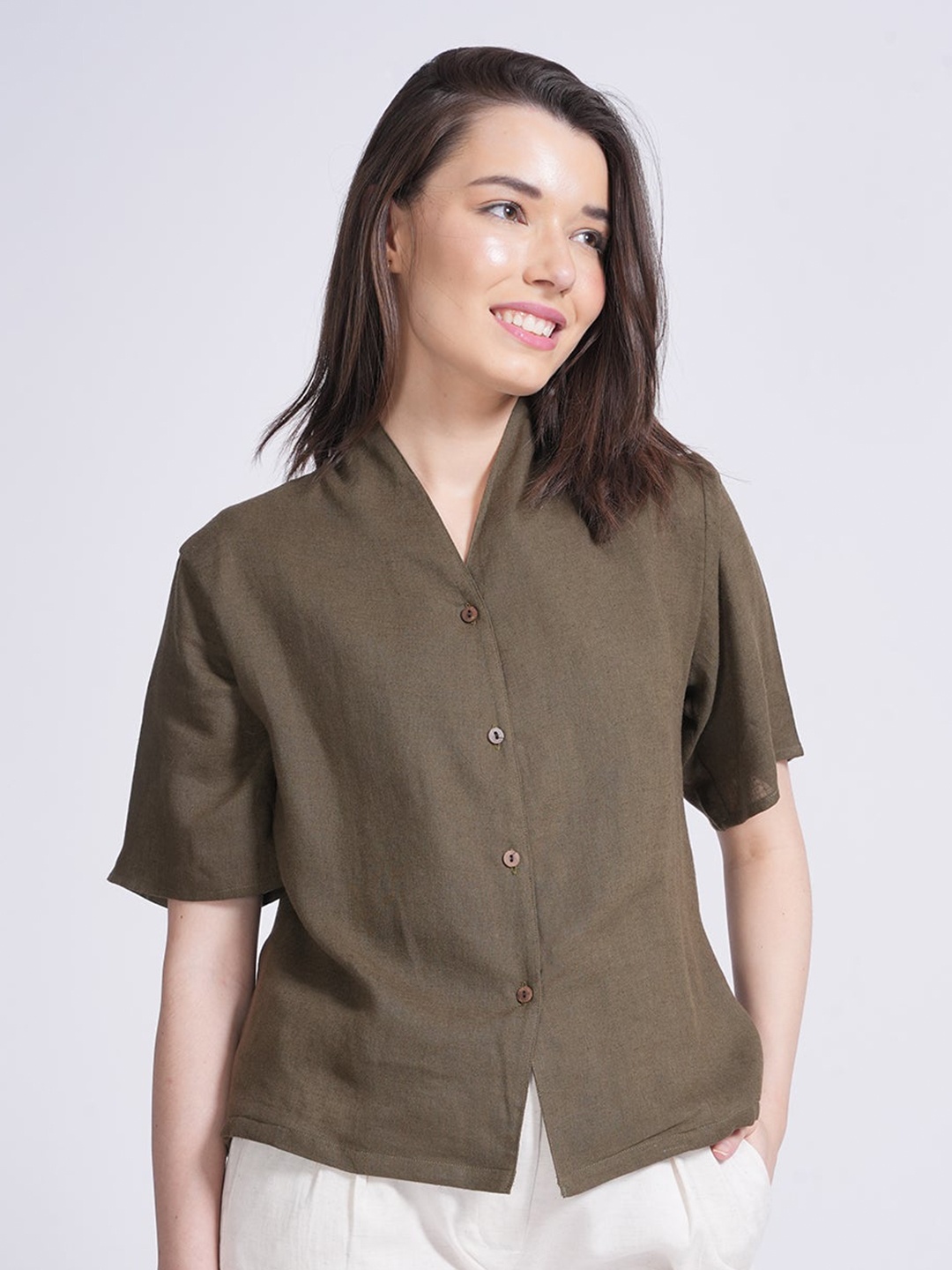 

Saltpetre Wrap Collar Linen Shirt Style Top, Olive