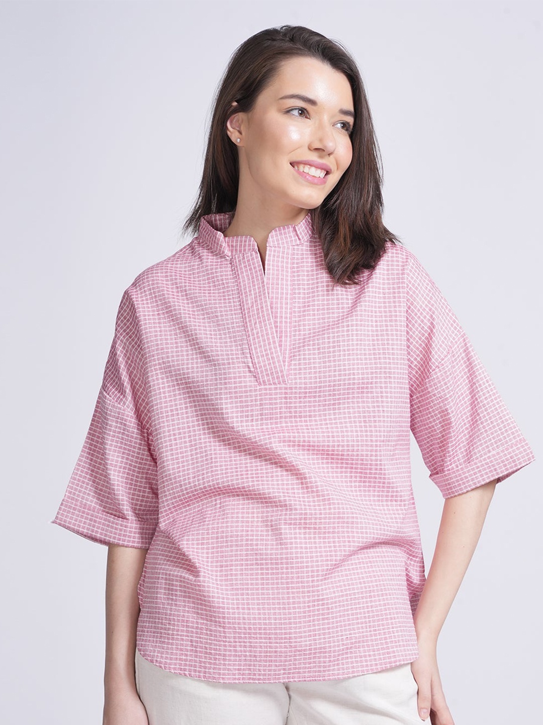 

Saltpetre Checked Drop Shoulder Mandarin Collar Top, Pink