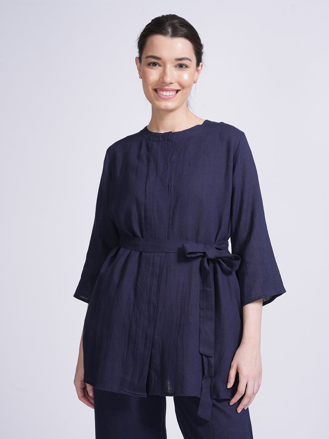 

Saltpetre Nyla Round Neck Linen Cinched Waist Longline Top, Navy blue