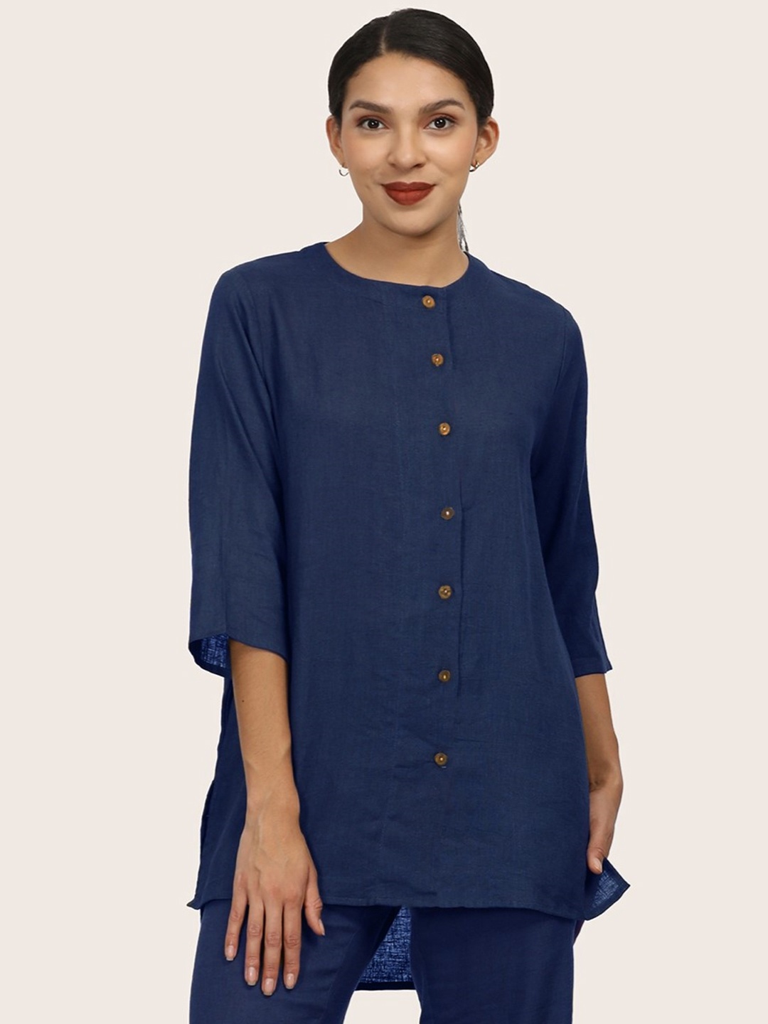 

Saltpetre Nyla Round Neck Linen Cinched Waist Longline Top, Navy blue