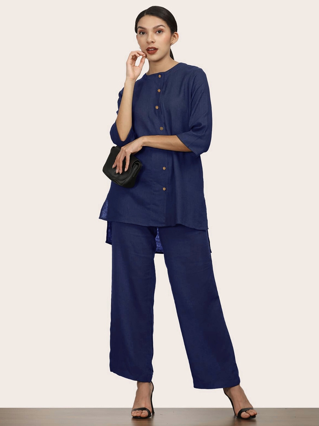 

Saltpetre Nyla Round Neck Linen Cinched Waist Longline Top, Navy blue