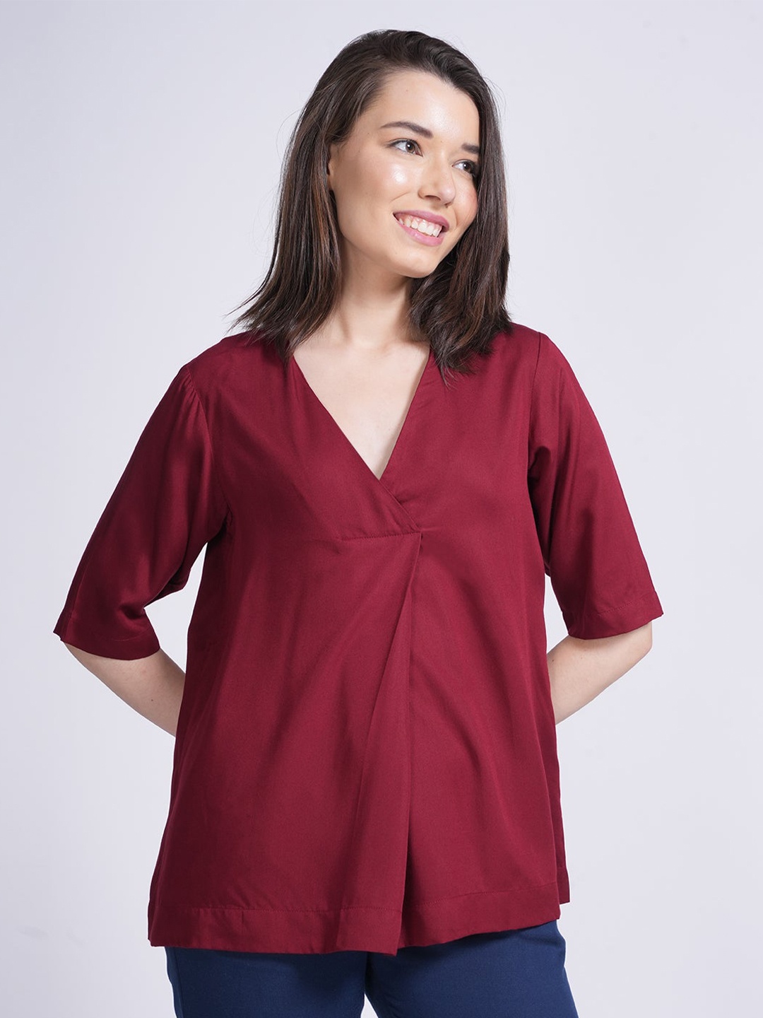 

Saltpetre Diana Front Pleat V Neck Regular Top, Maroon