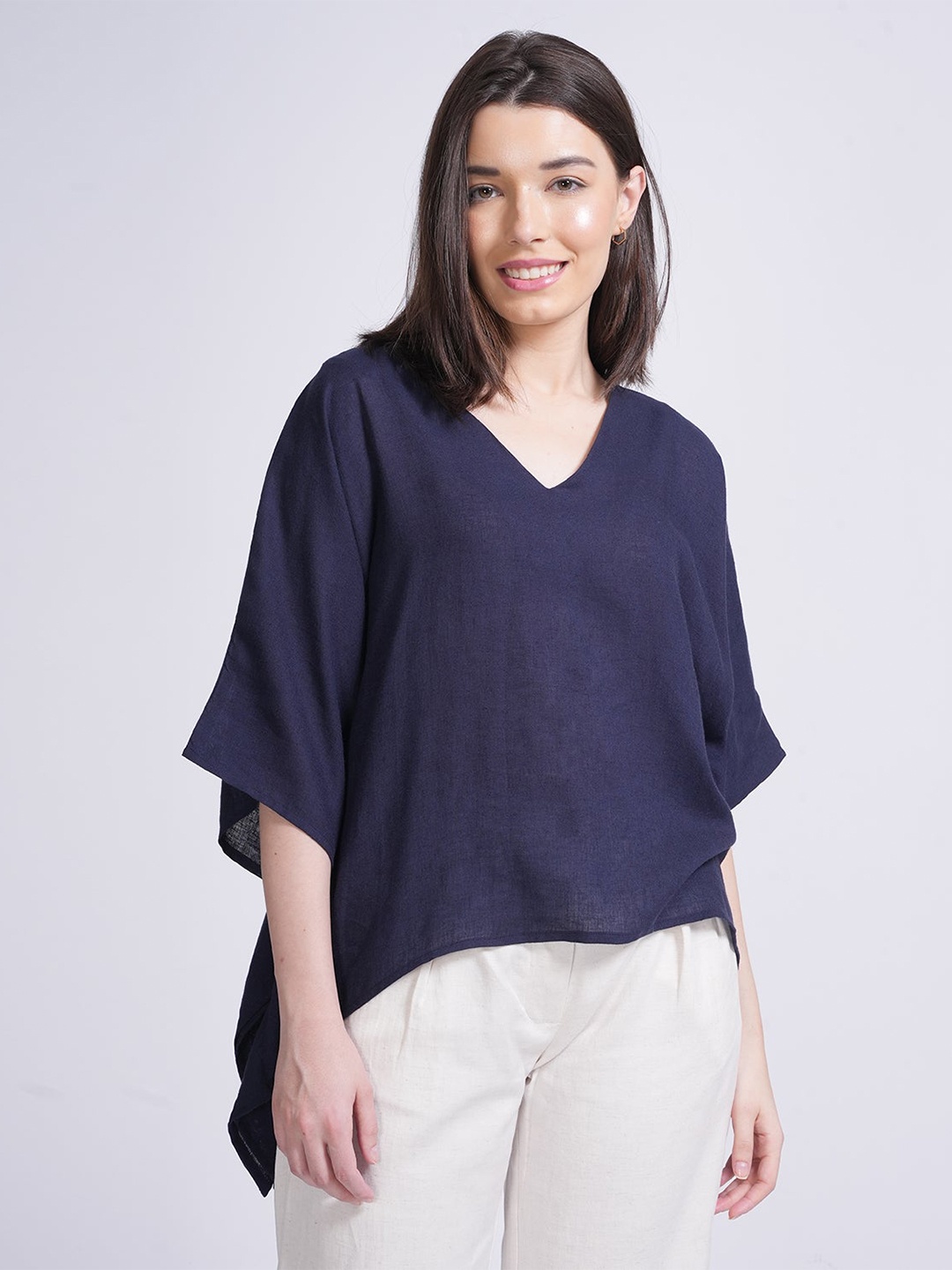 

Saltpetre Kimono Sleeve V Neck Linen Kaftan Top, Navy blue