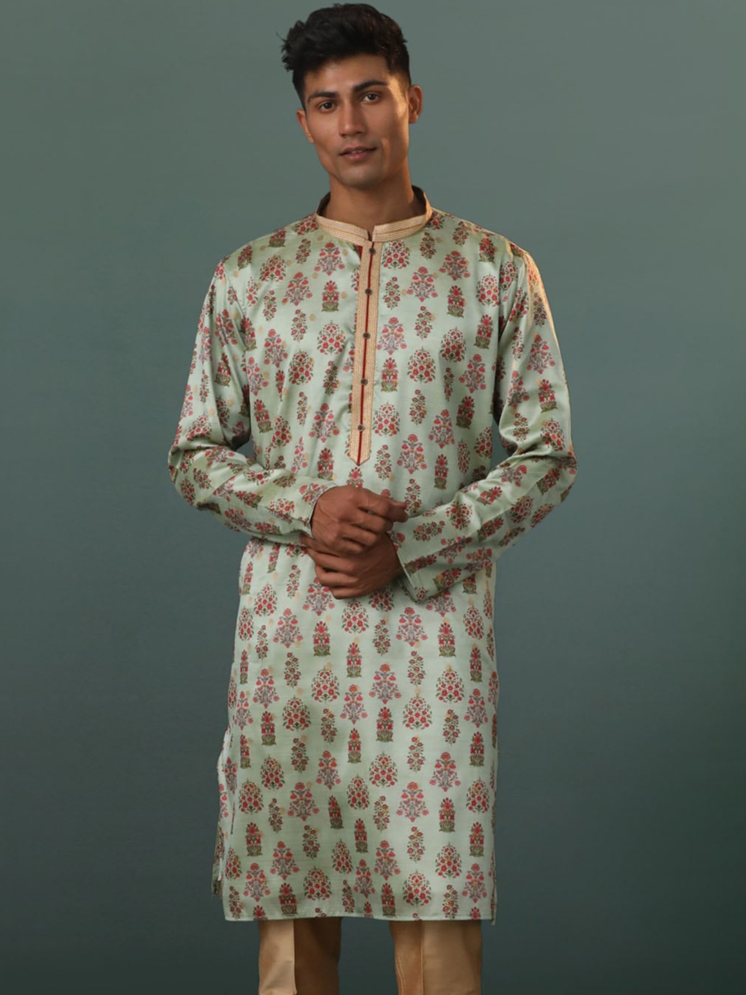 

VASTRAMAY Floral Printed Mandarin Collar Straight Kurta, Blue