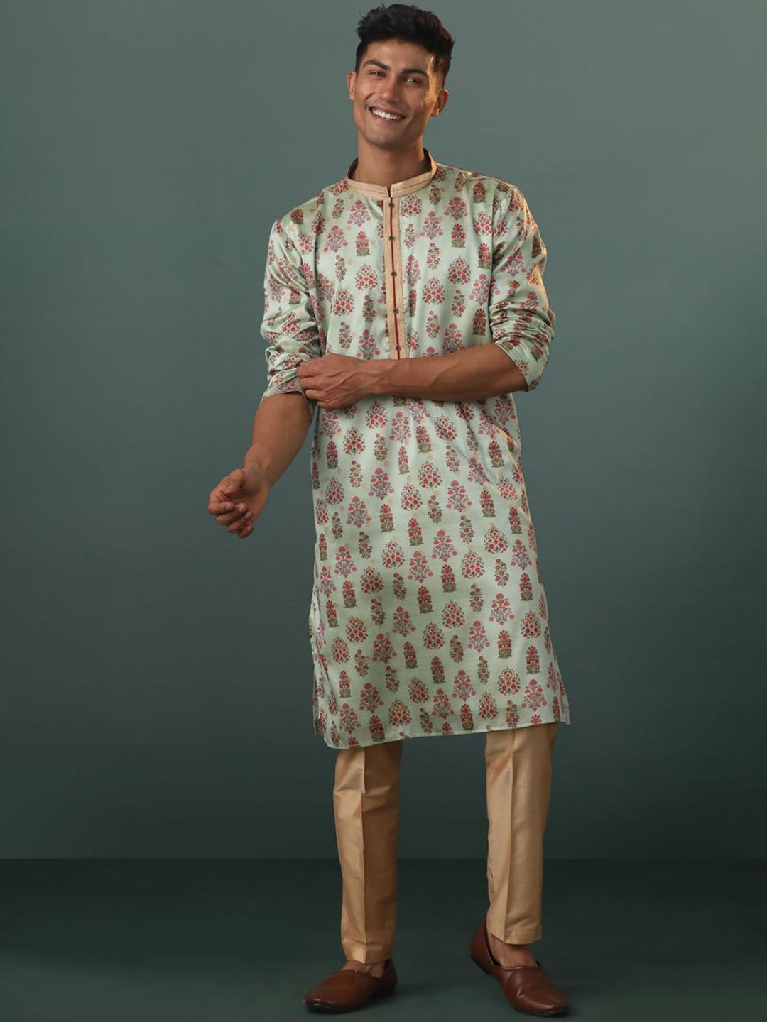 

VASTRAMAY Floral Printed Mandarin Collar Straight Kurta with Pyjama, Blue