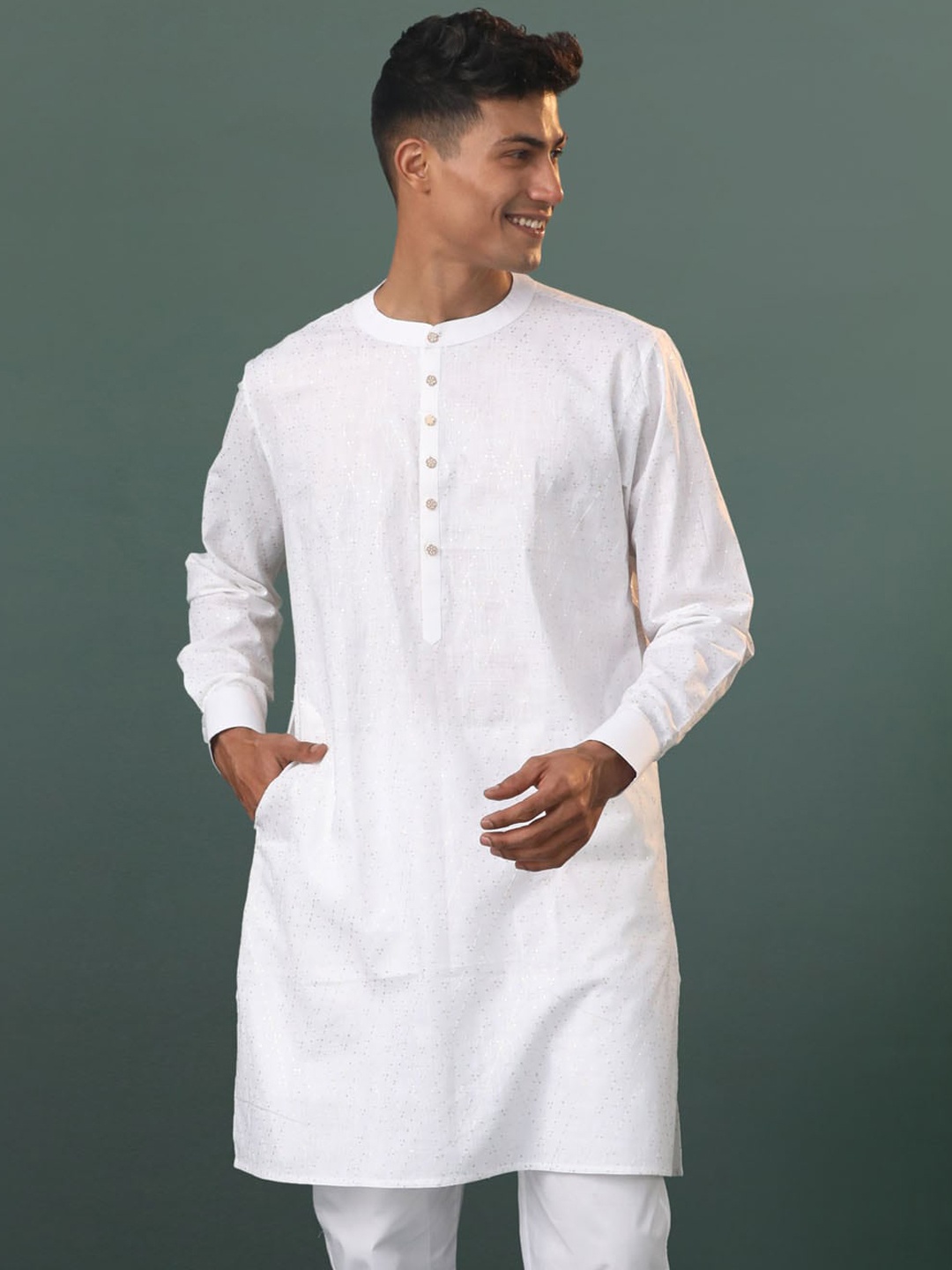 

VASTRAMAY Band Collar Regular Sequinned Cotton Straight Kurta, White