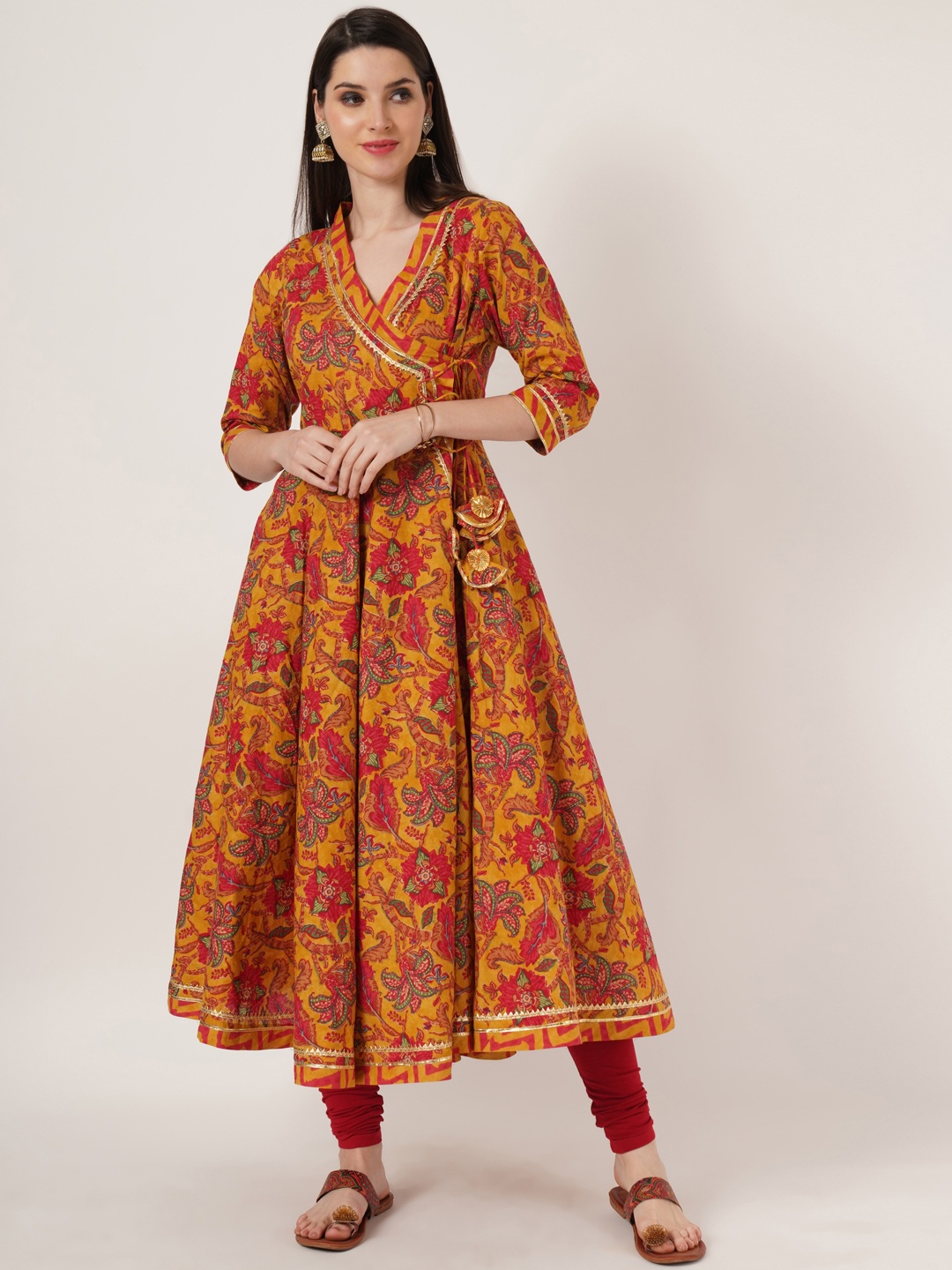 

COTLAND FASHION Floral Printed V-Neck Anarkali Kurta, Yellow