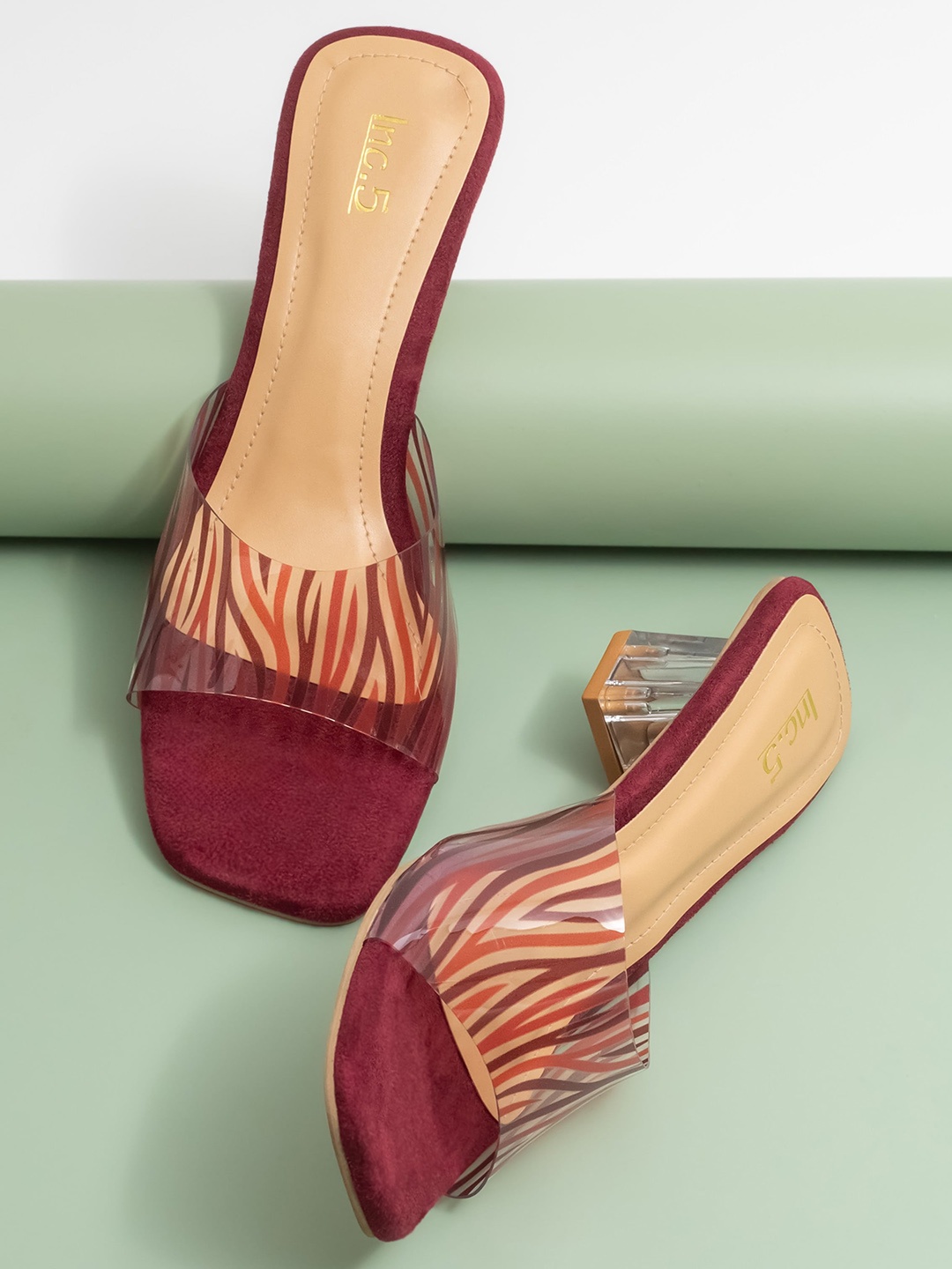 

Inc 5 Printed Open Toe Block Heels, Maroon