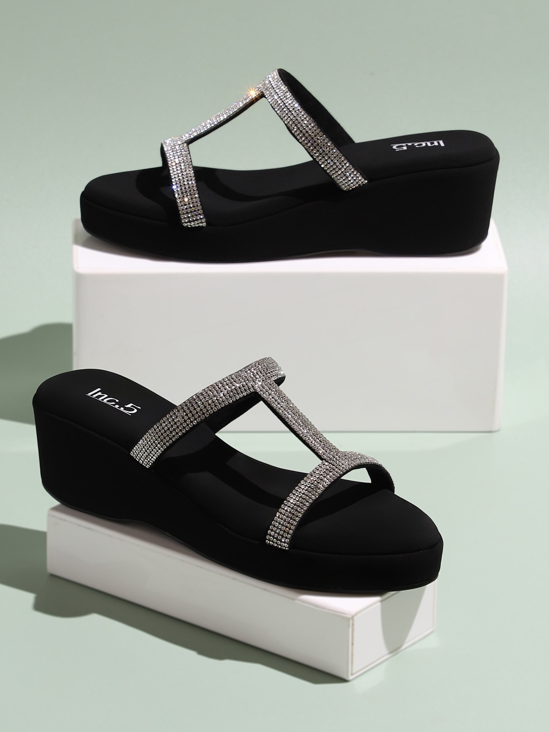 

Inc 5 Embellished Open Toe Wedge Heels, Silver