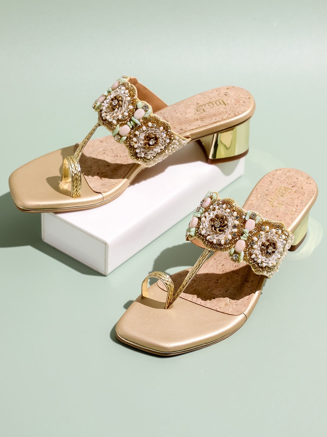 

Inc 5 Embellished One-Toe Block Heels, Gold