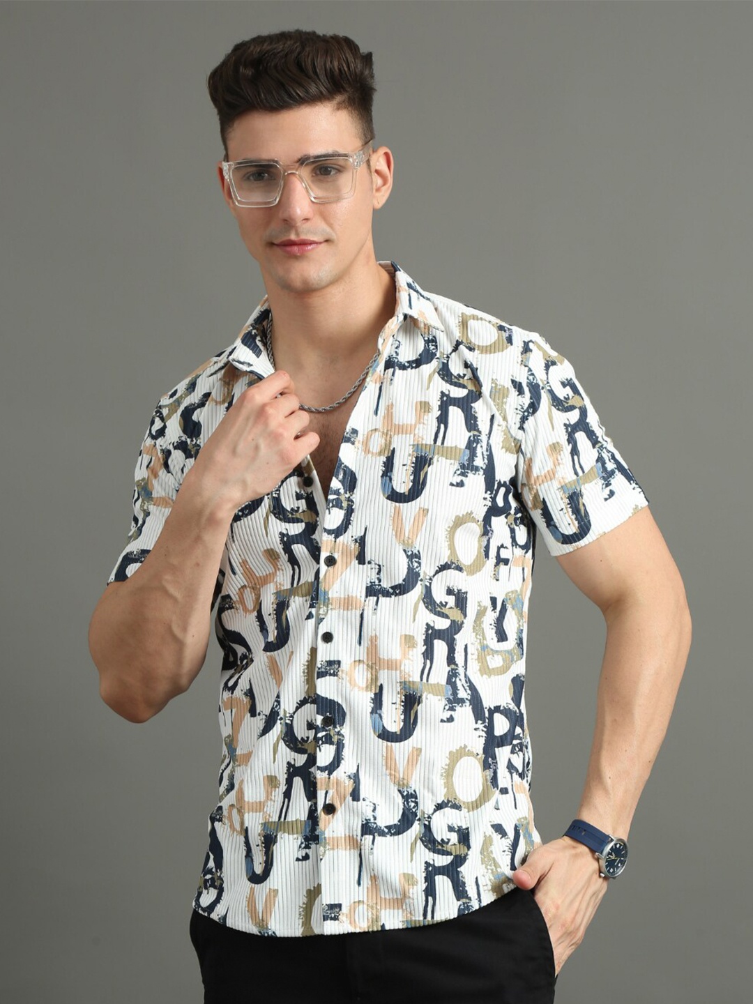 

PAUL STREET Standard Slim Fit Opaque Alphabets Printed Casual Shirt, White