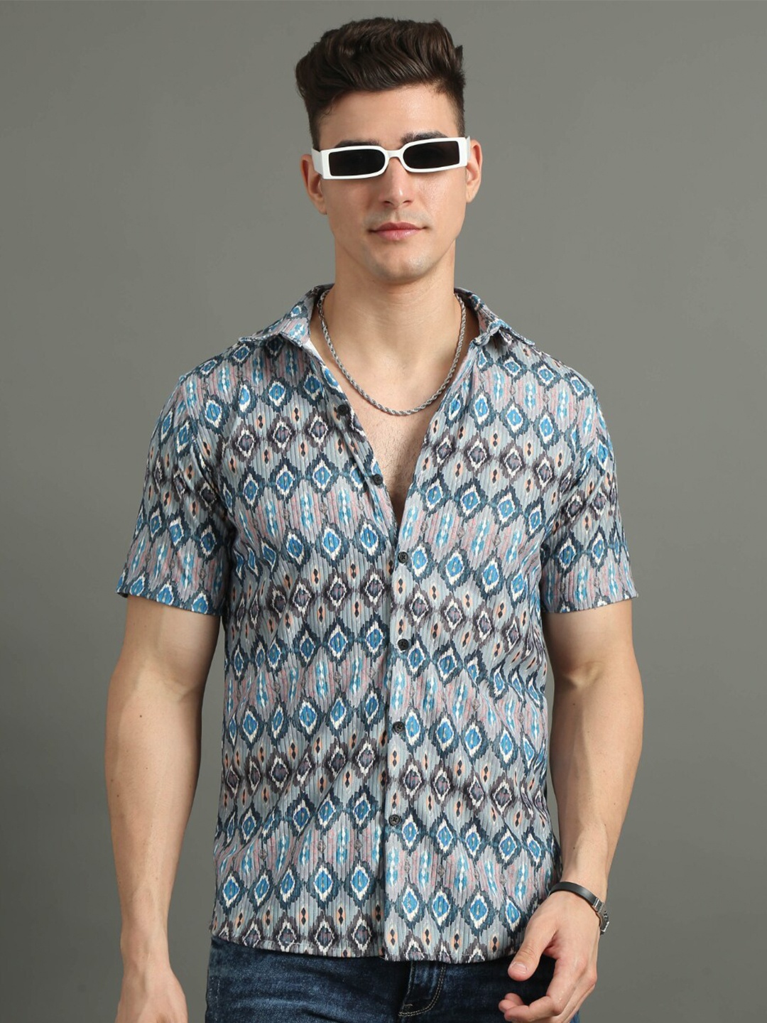 

PAUL STREET Standard Slim Fit Opaque Geometric Printed Casual Shirt, Blue