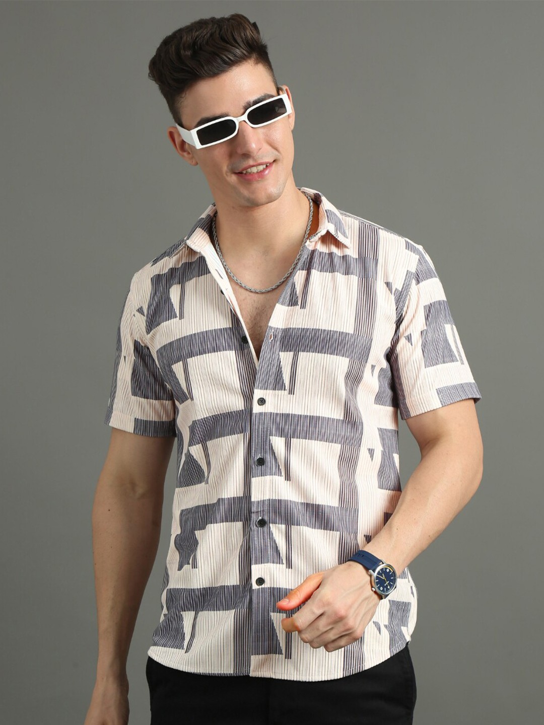 

PAUL STREET Standard Slim Fit Opaque Abstract Printed Casual Shirt, Cream