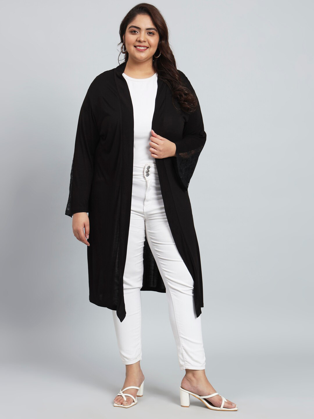 

urSense Lace Detailed Plus Size Longline Open Front Shrug, Black