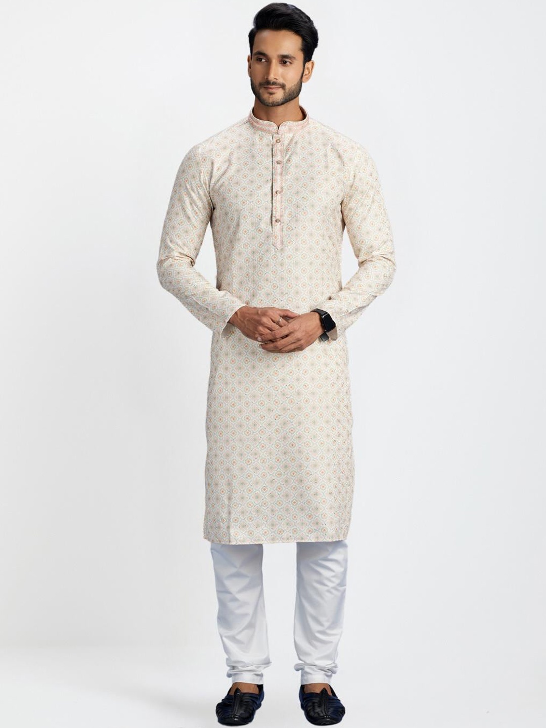 

Indian Poshakh Ethnic Motifs Printed Straight Kurta with Pyjamas, Beige