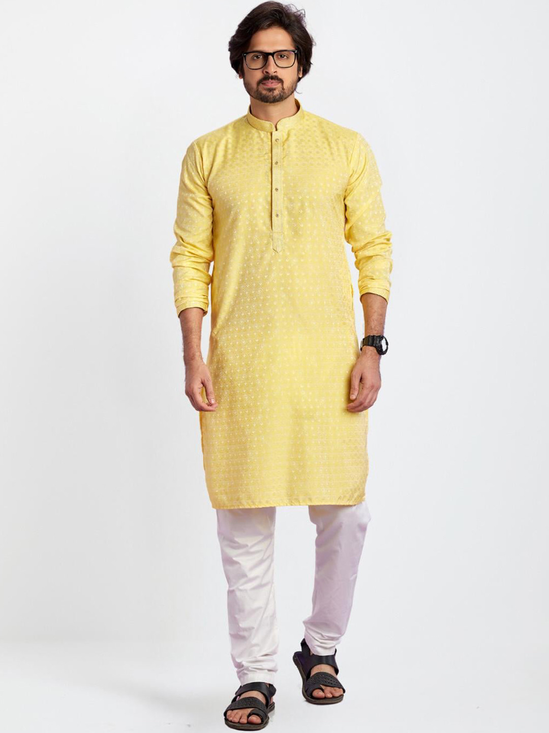

Indian Poshakh Ethnic Motifs Printed Mandarin Collar Regular Kurta with Pyjamas, Yellow