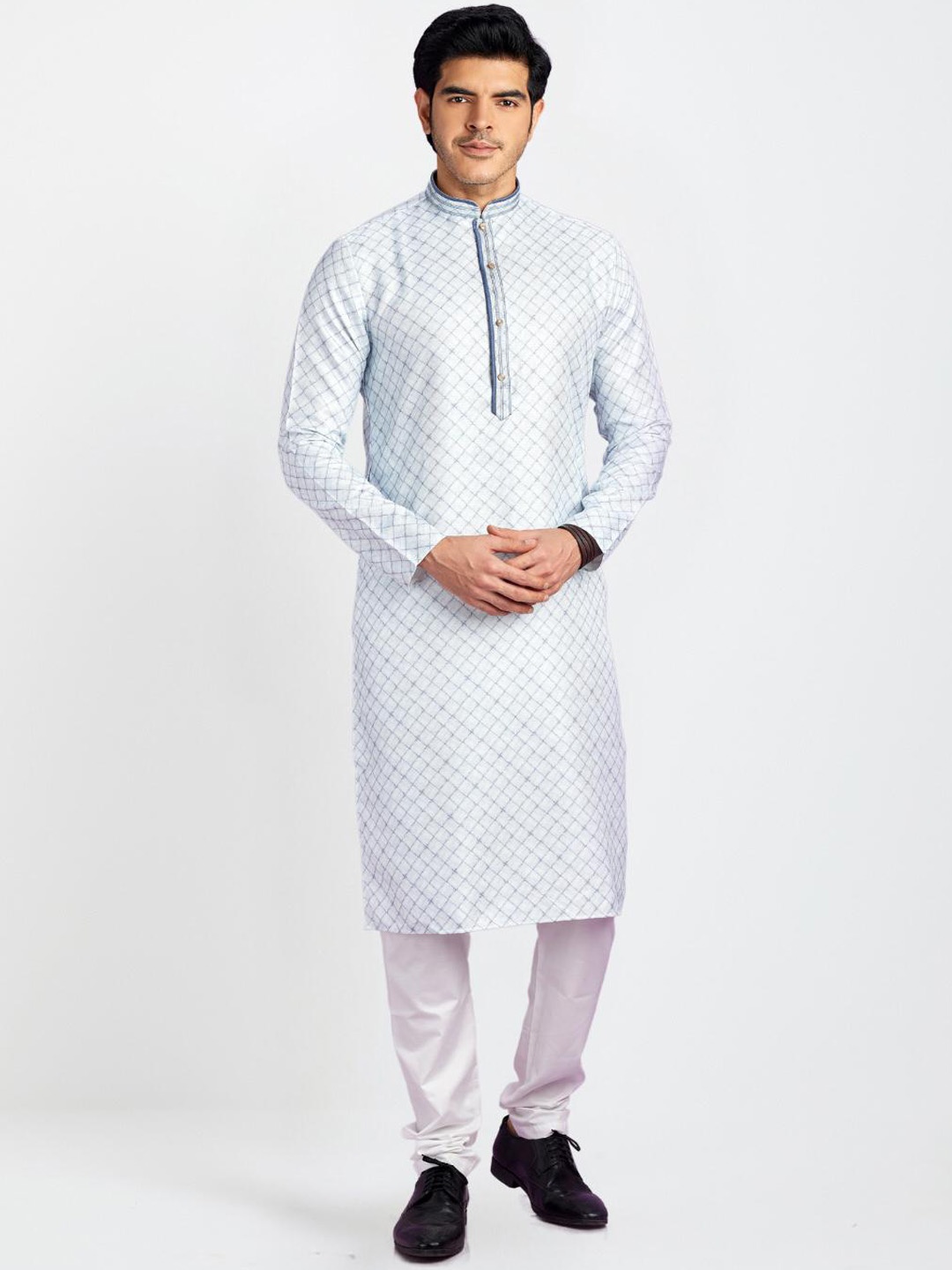 

Indian Poshakh Checked Printed Mandarin Collar Regular Kurta with Pyjamas, Blue