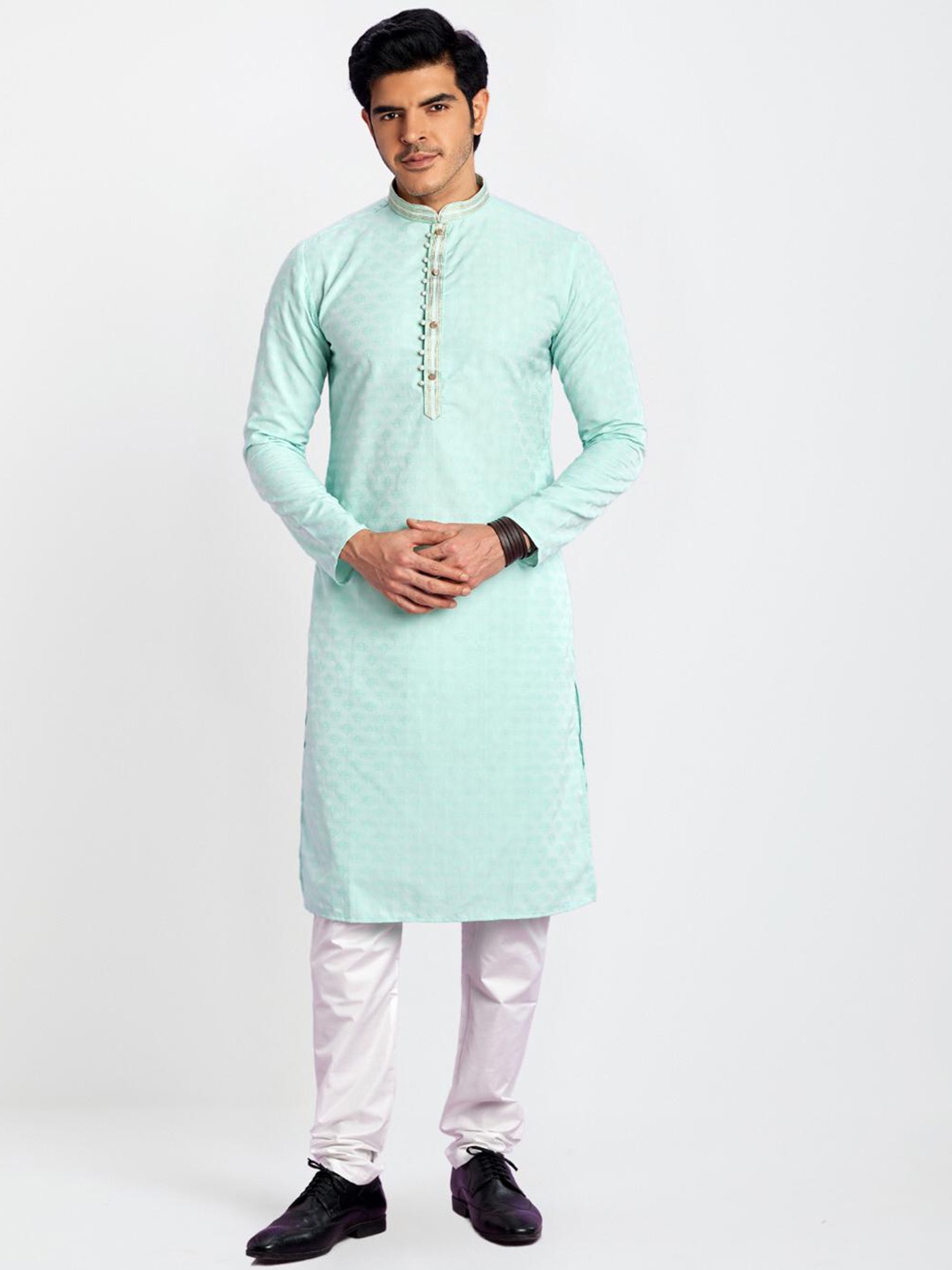 

Indian Poshakh Ethnic Motifs Printed Mandarin Collar Regular Kurta with Churidar, Teal