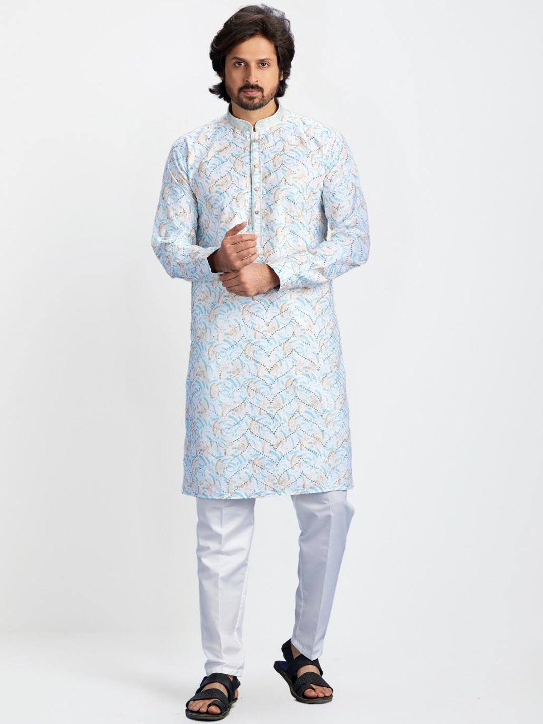 

Indian Poshakh Abstract Printed Regular Sequinned Kurta with Pyjamas, Blue