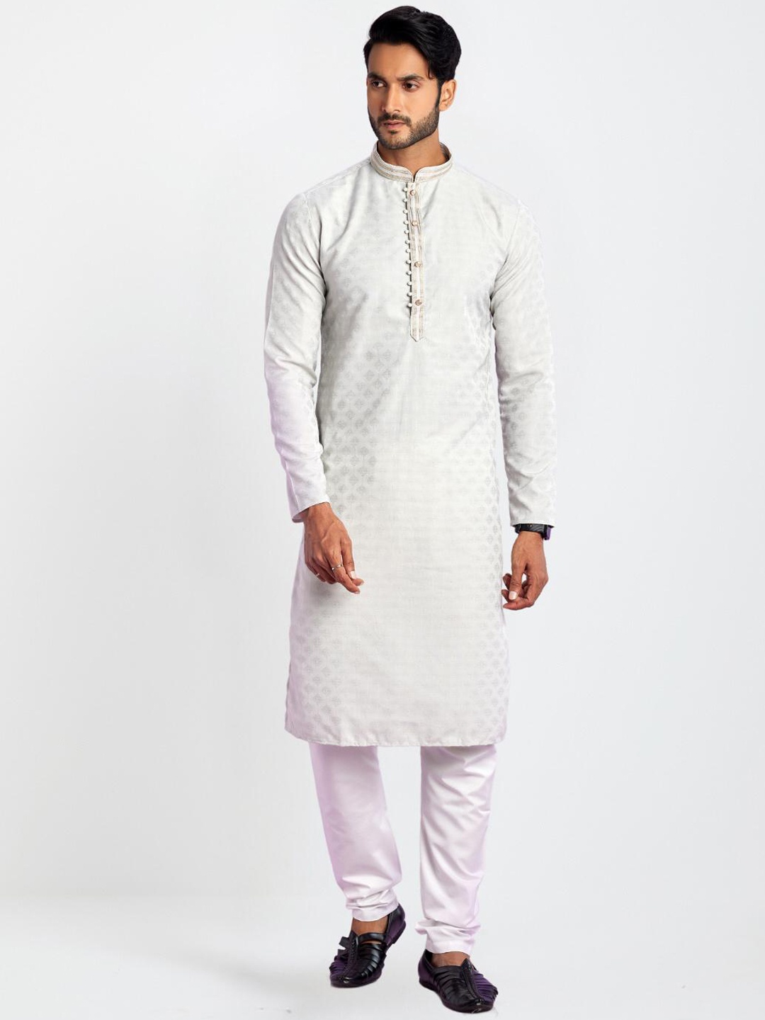 

Indian Poshakh Mandarin Collar Thread Work Straight Kurta with Pyjamas, Grey