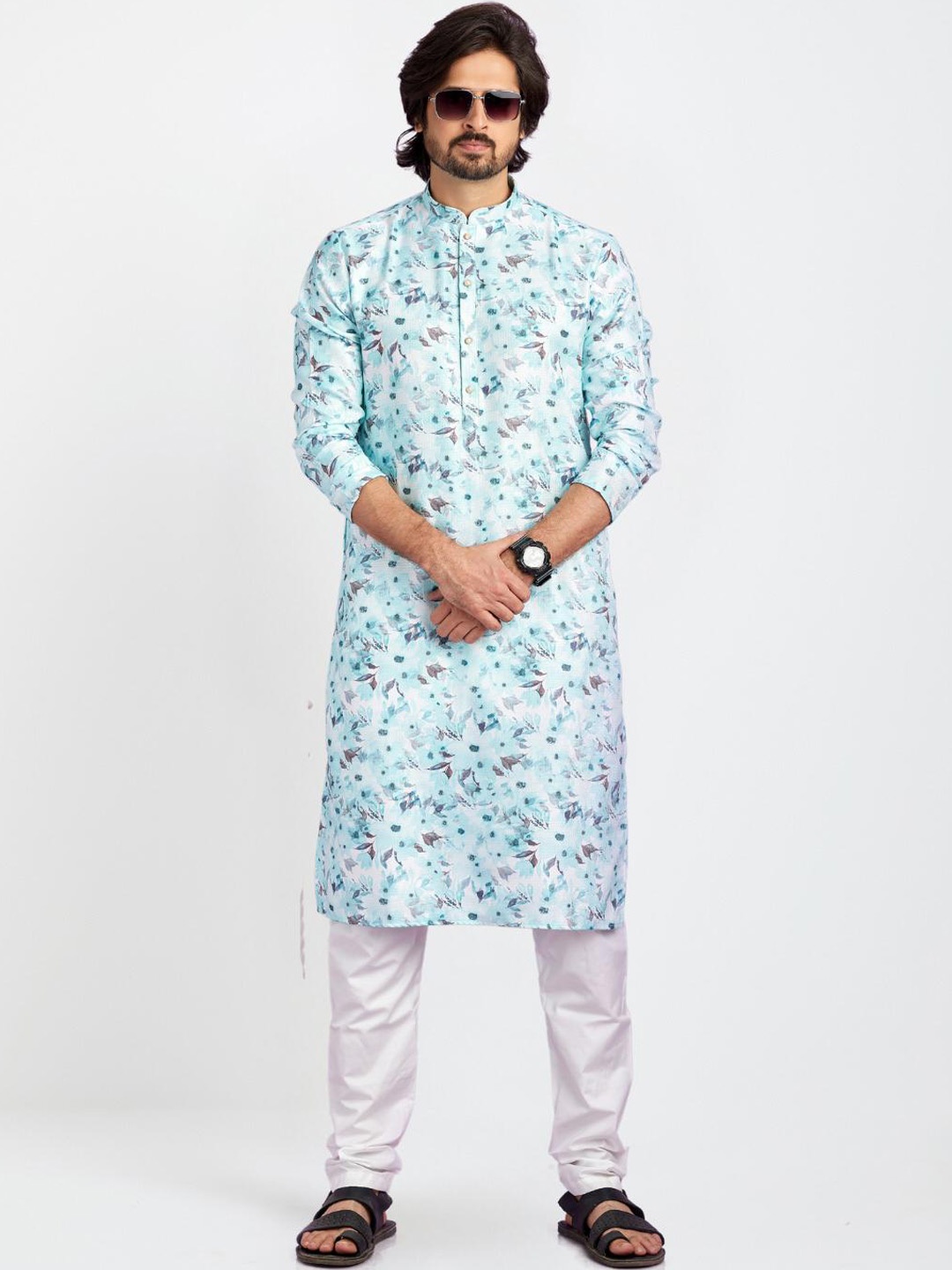 

Indian Poshakh Floral Printed Thread Work Straight Kurta with Pyjamas, Blue