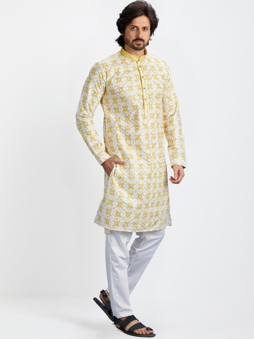 

Indian Poshakh Ethnic Motifs Printed Mandarin Collar Thread Work Straight Kurta & Pyjamas, Yellow