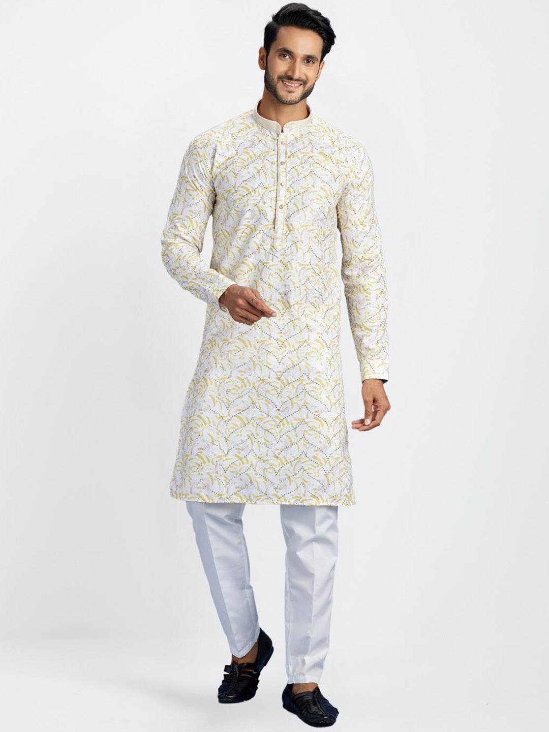 

Indian Poshakh Ethnic Motifs Printed Mandarin Collar Thread Work Straight Kurta & Pyjamas, Yellow