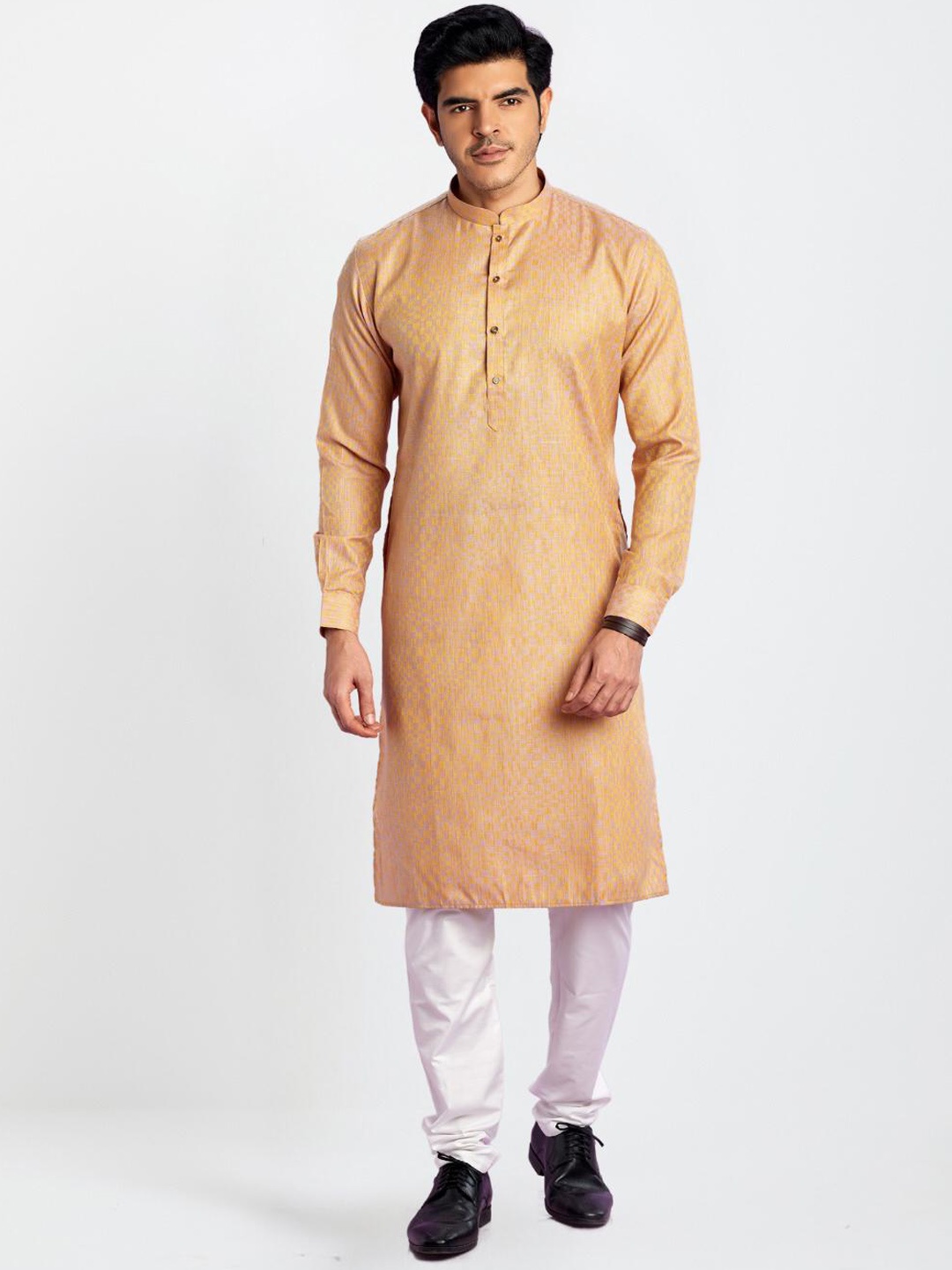 

Indian Poshakh Geometric Printed Mandarin Collar Thread Work Straight Kurta with Pyjamas, Brown