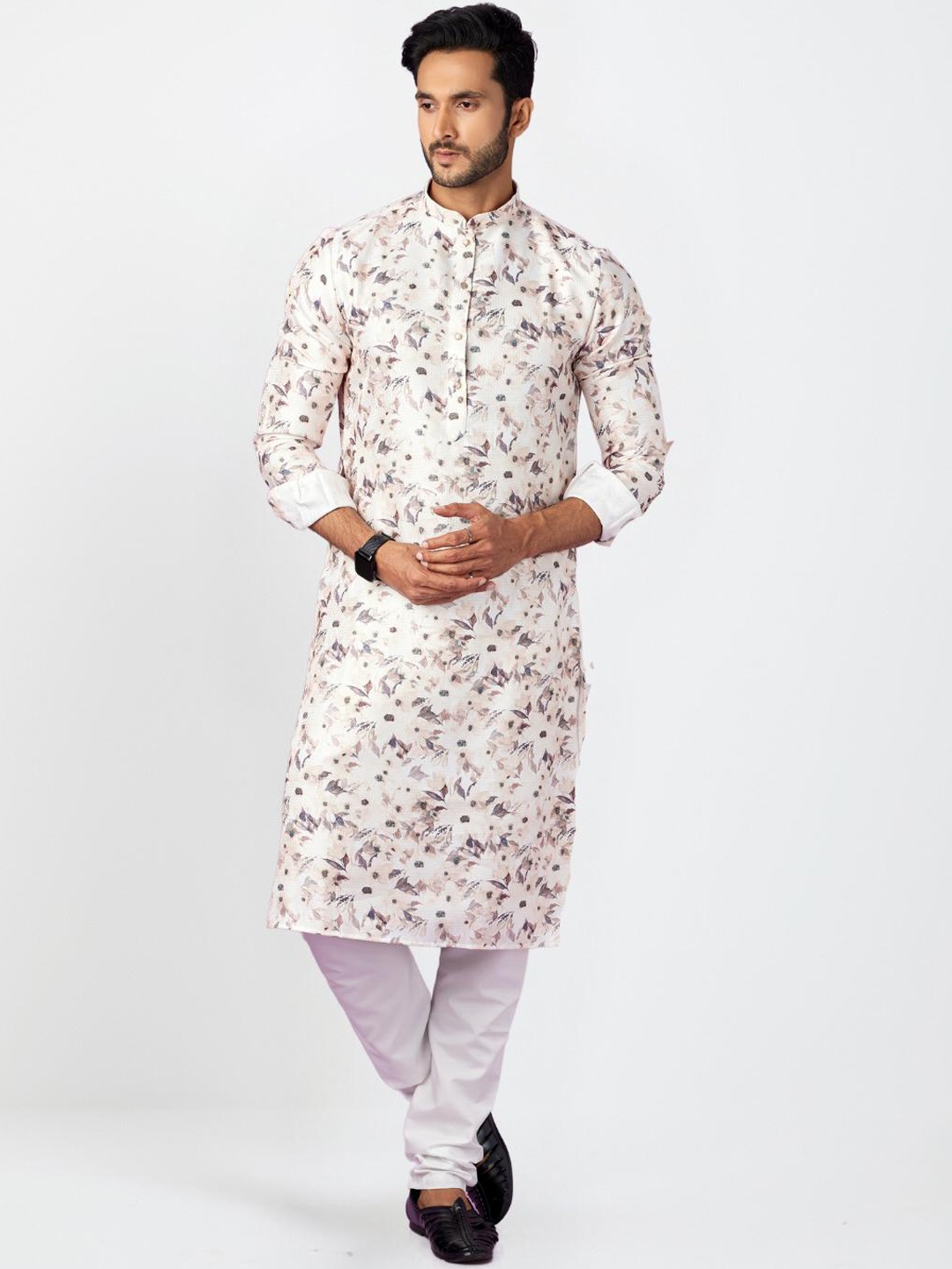 

Indian Poshakh Floral Printed Mandarin Collar Straight Kurta with Pyjamas, Brown