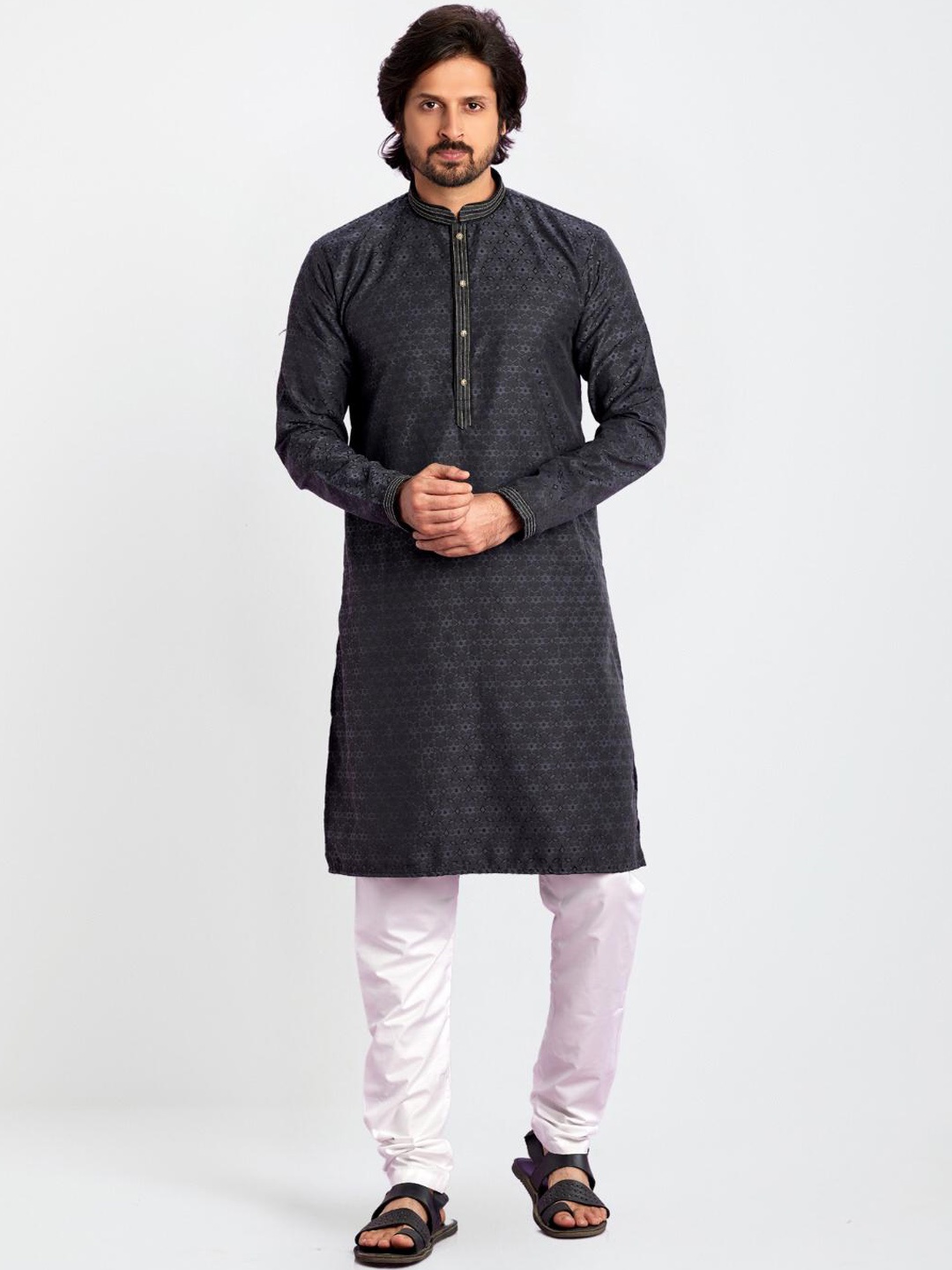 

Indian Poshakh Mandarin Collar Printed Regular Thread Work Straight Kurta with Pyjamas, Grey