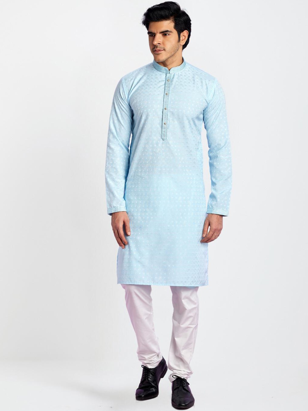 

Indian Poshakh Mandarin Collar Regular Thread Work Straight Kurta with Pyjamas, Blue