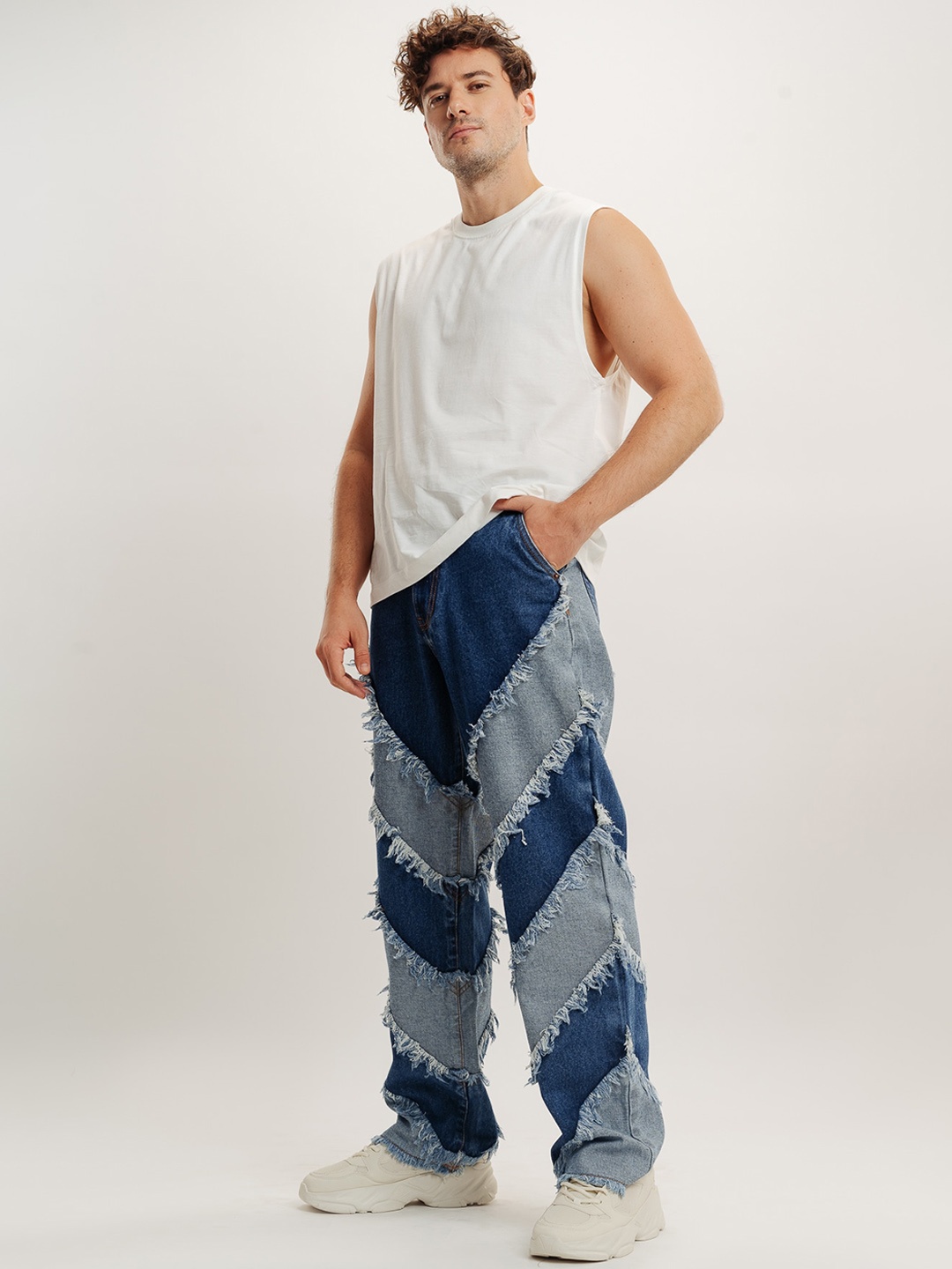 

FREAKINS Men Wide Leg Highly Distressed Pure Cotton Jeans, Blue