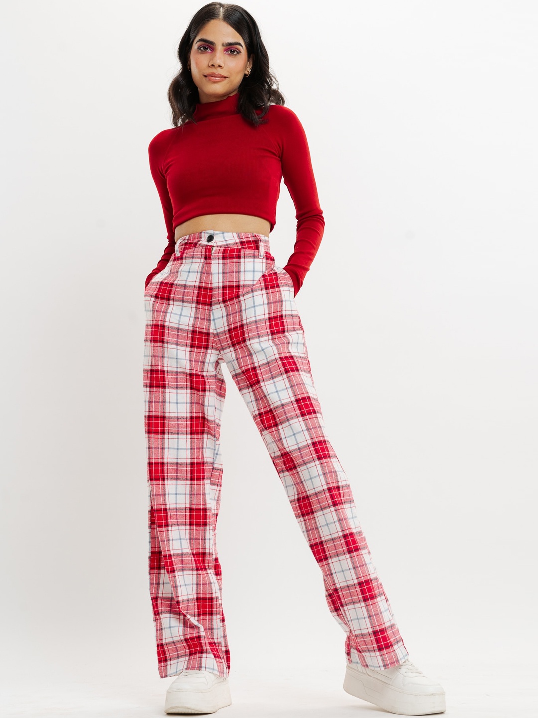 

FREAKINS Women Red Checked Relaxed Straight Leg Straight Fit Trousers