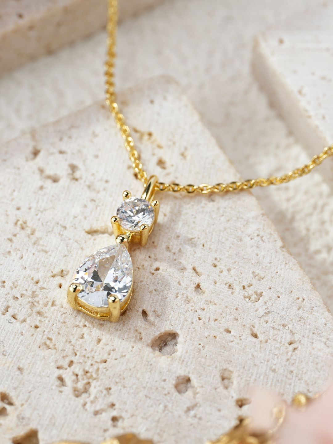 

MISS JO 92.5 Sterling Silver Gold-Plated Stone-Studded Teardrop Shaped Pendent With Chain
