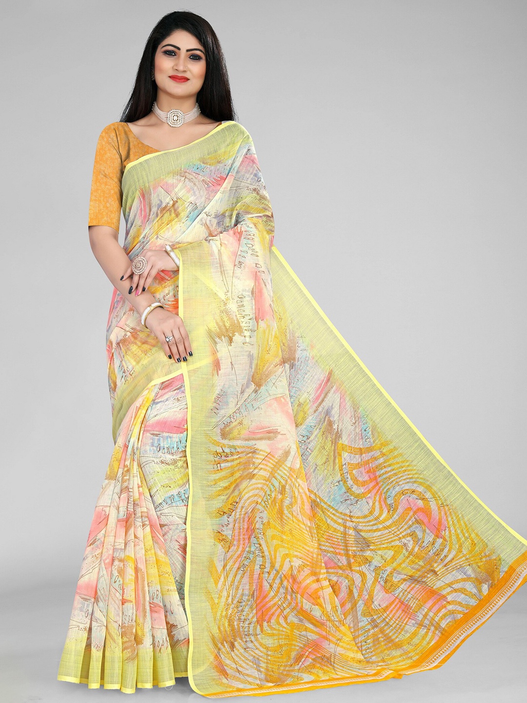 

vanraj creation Abstract Printed Cotton Linen Ikat Saree, Yellow