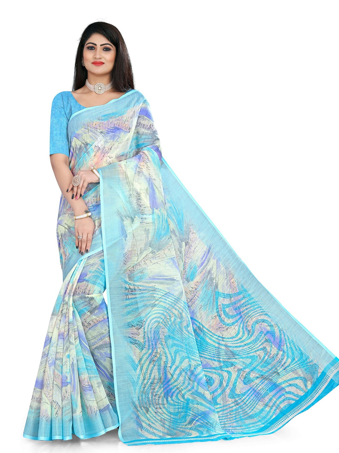 

vanraj creation Abstract Printed Cotton Linen Ikat Saree, Blue