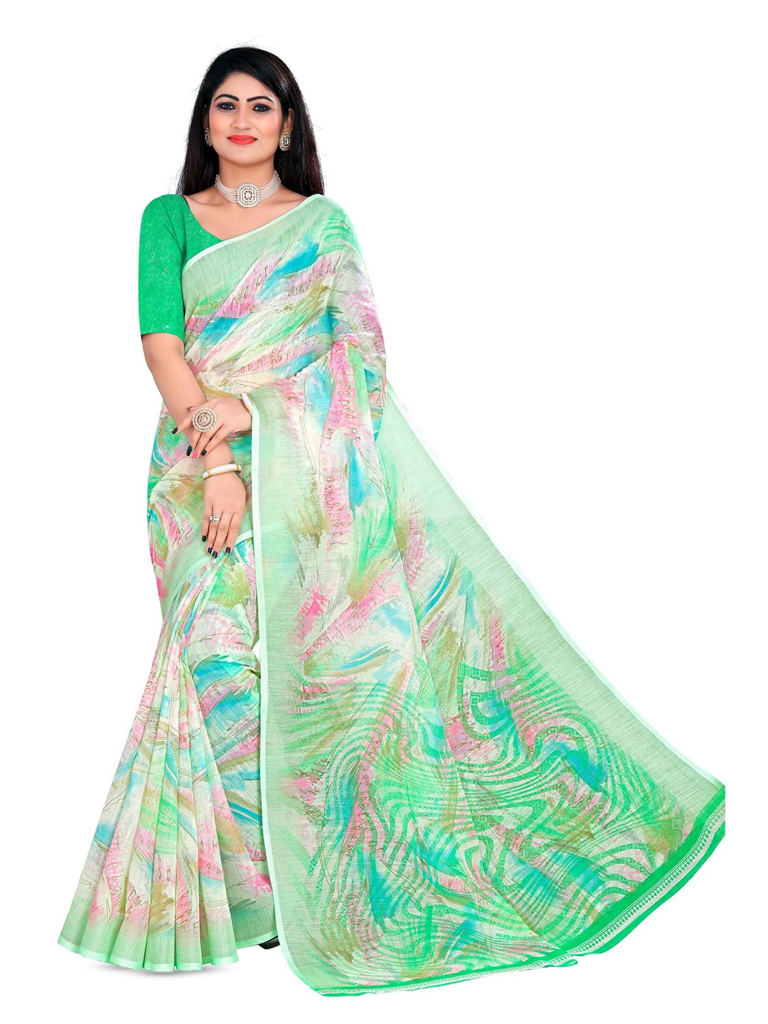 

vanraj creation Abstract Printed Linen Saree, Fluorescent green