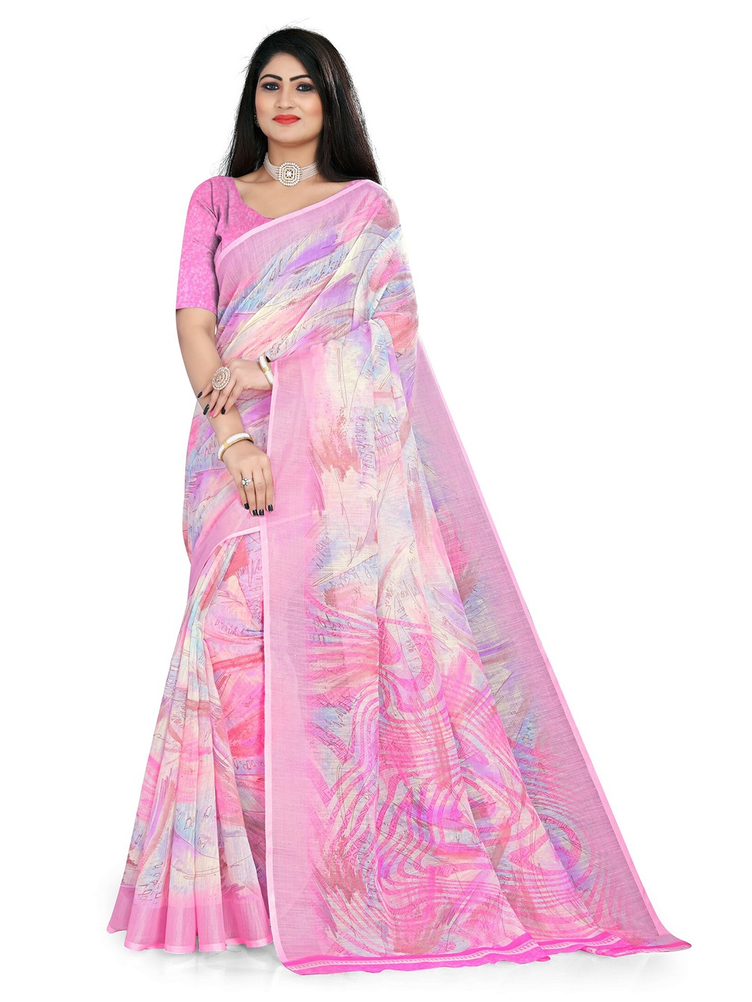 

vanraj creation Abstract Printed Linen Saree, Pink